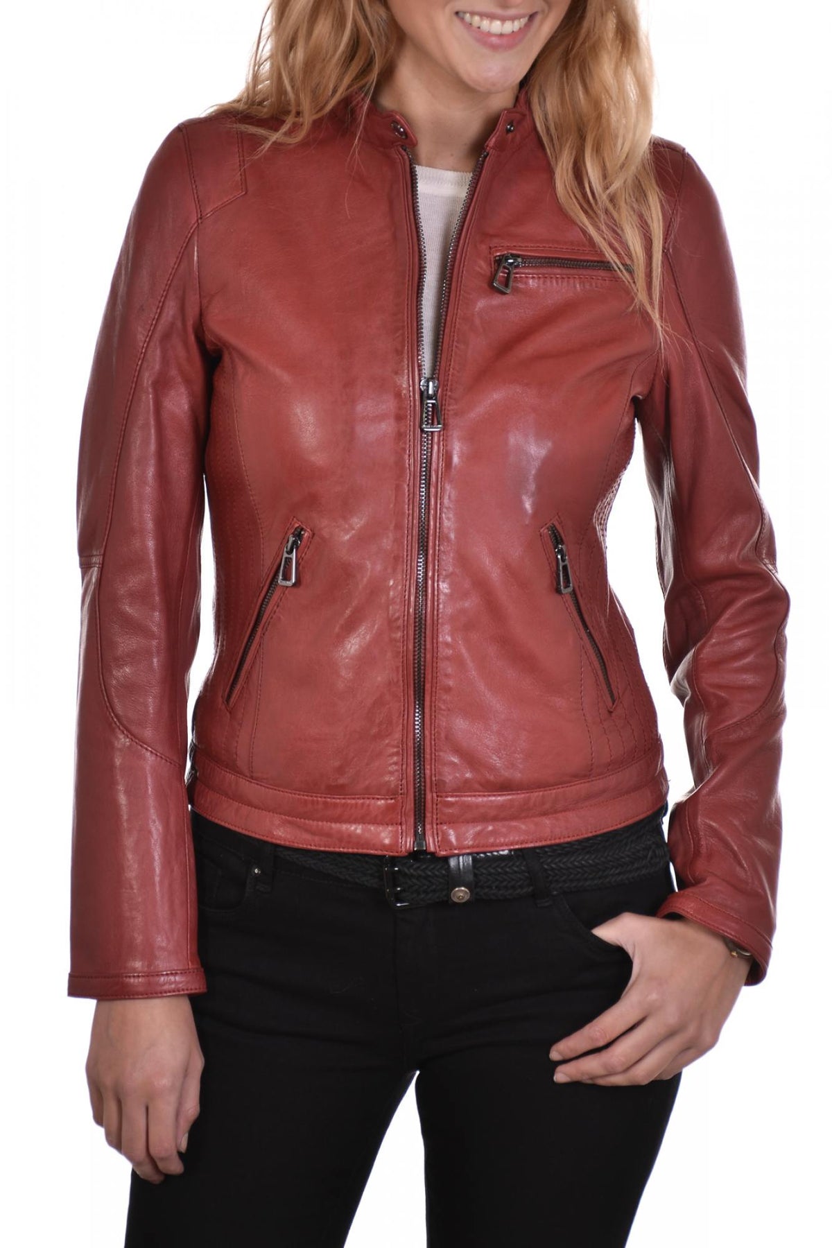 Red lambskin leather jacket - Image n°1