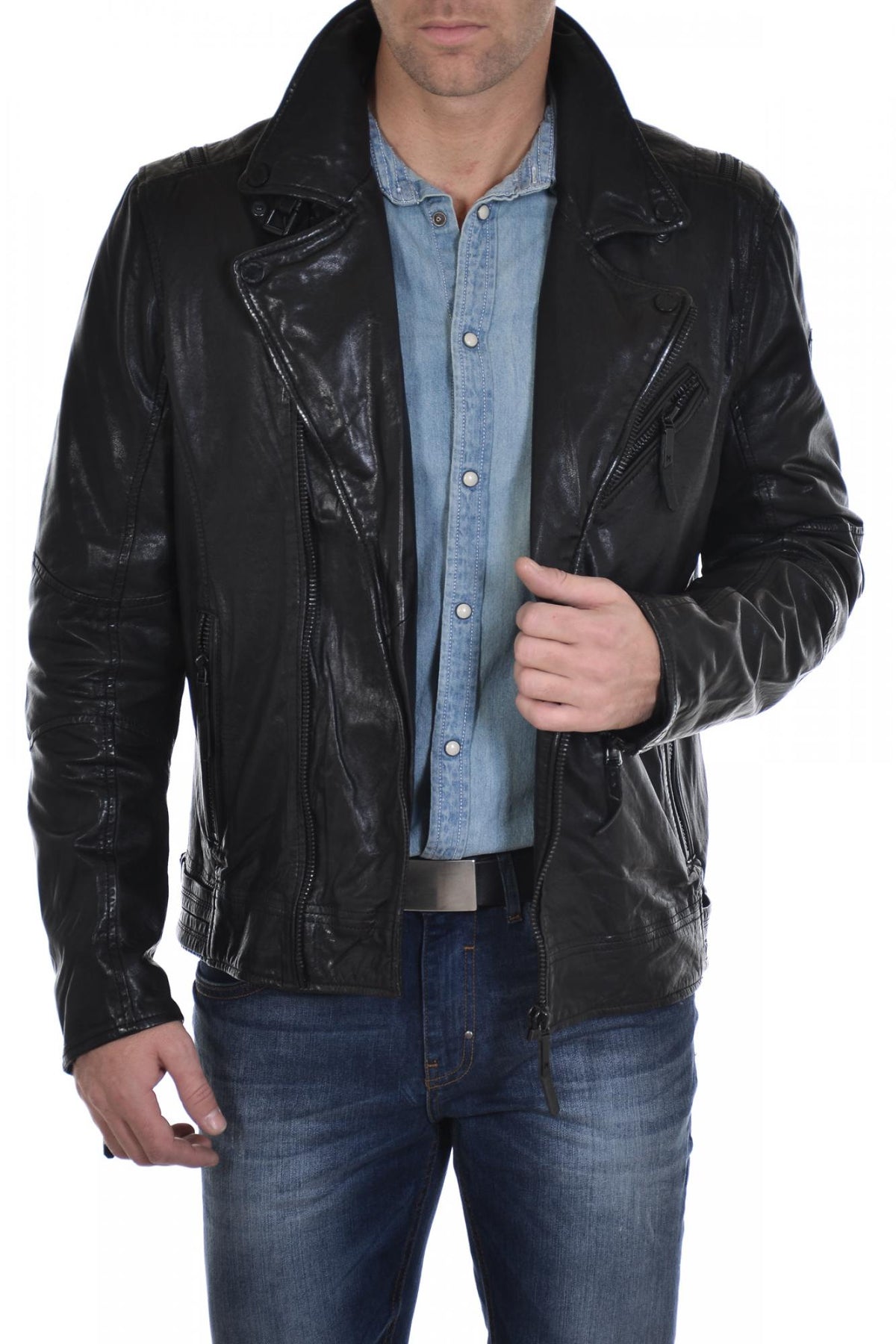 Mauritius men's black lambskin Biker Jacket - Image n°1