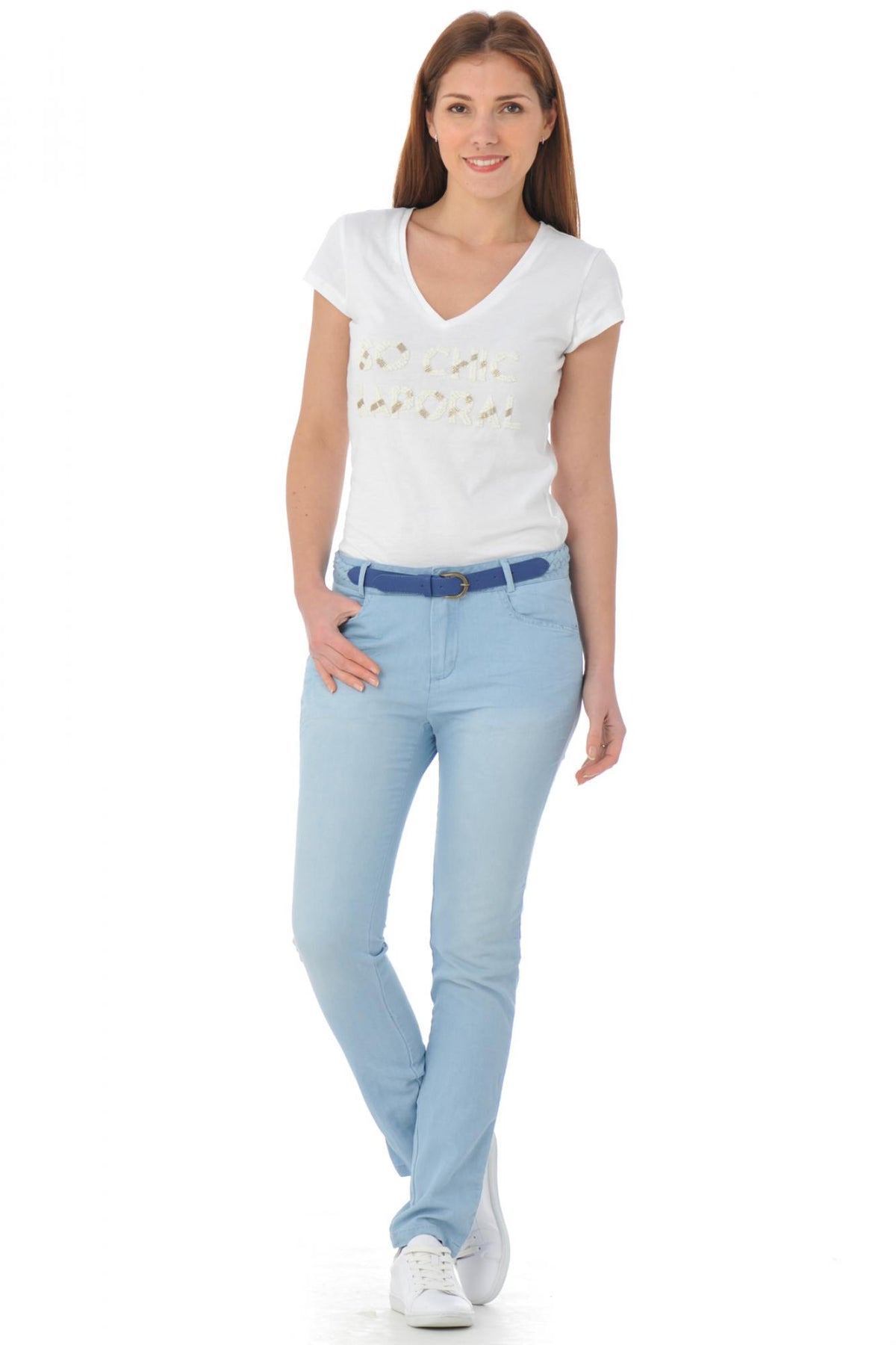 Light blue denim pants with belt - Image n°2