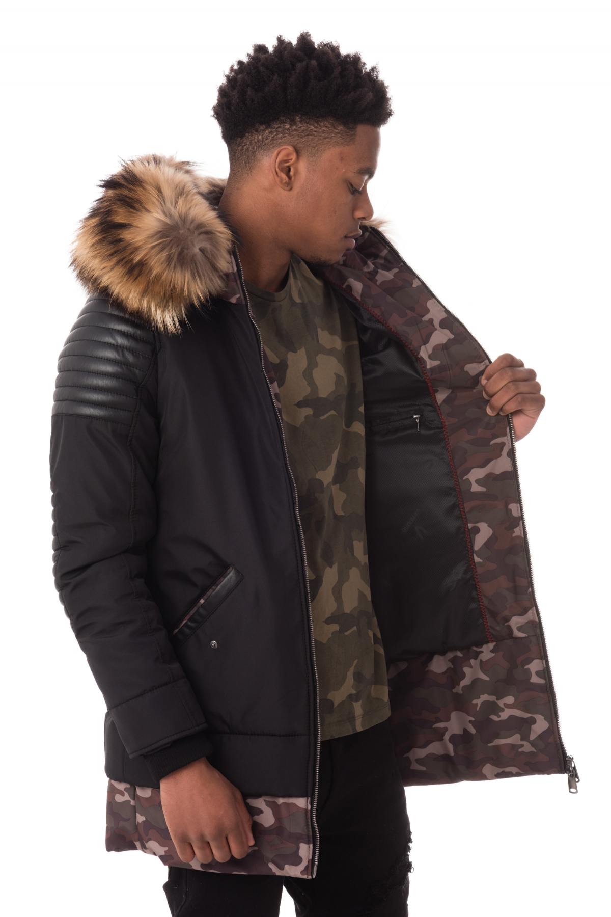 Men's bi-material camouflage jacket with natural fur - Image n°5