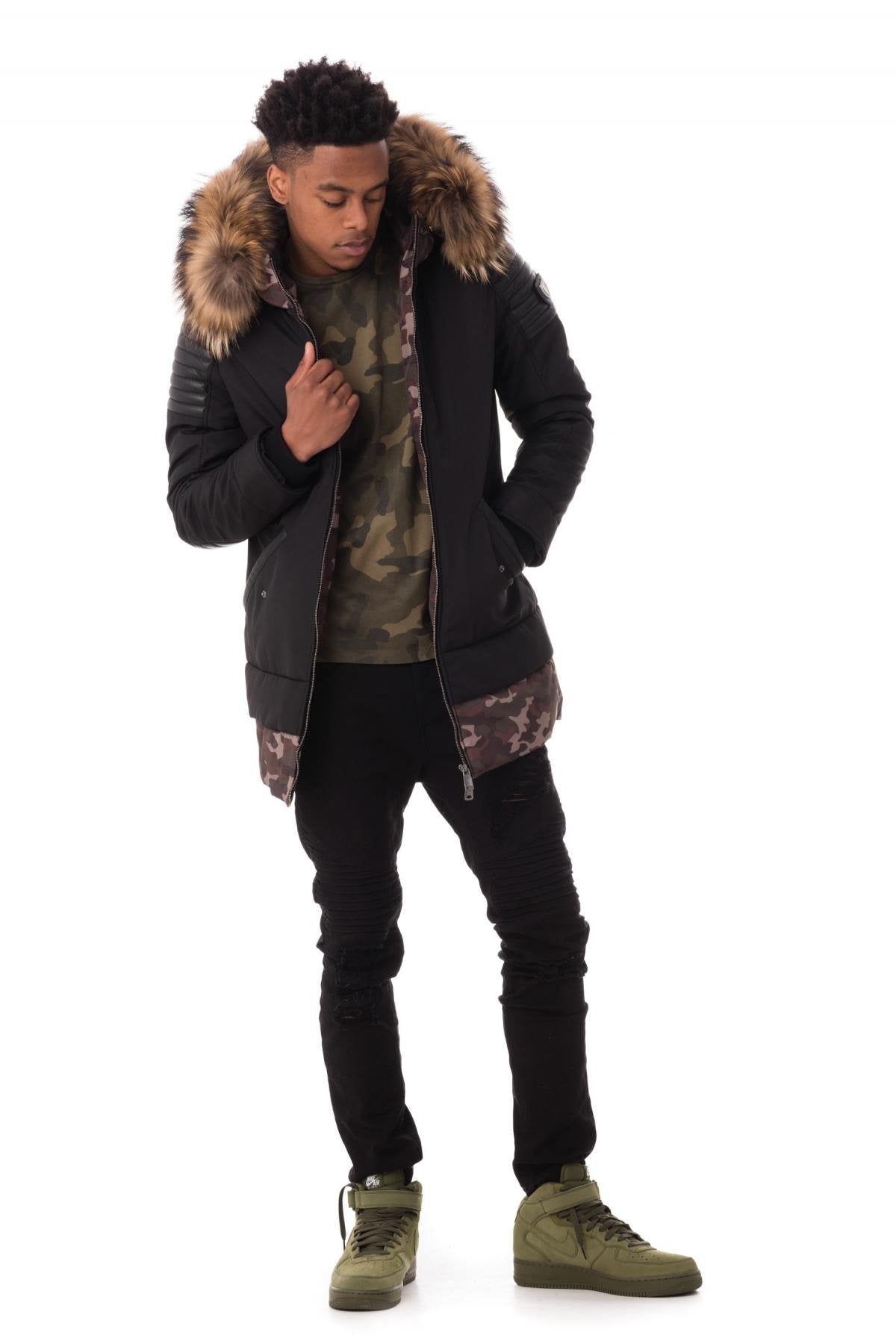 Men's bi-material camouflage jacket with natural fur - Image n°2