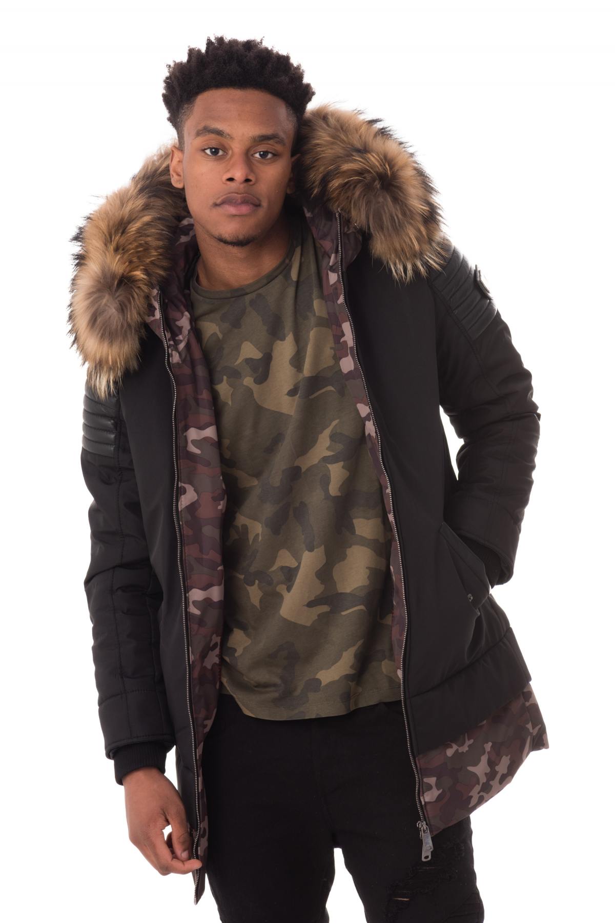 Men's bi-material camouflage jacket with natural fur - Image n°3