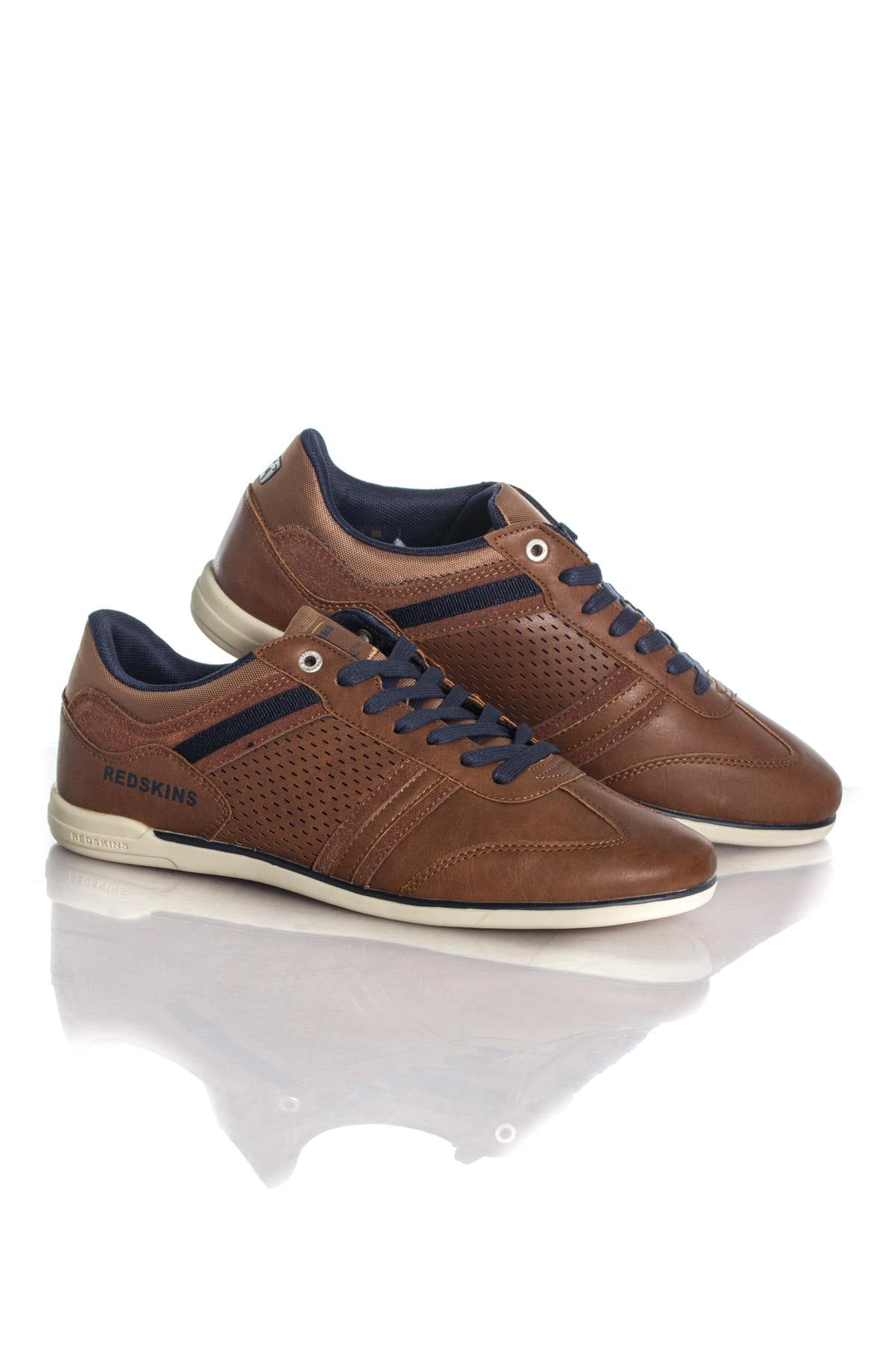 Cognac and navy faux leather sneakers - Image n°1