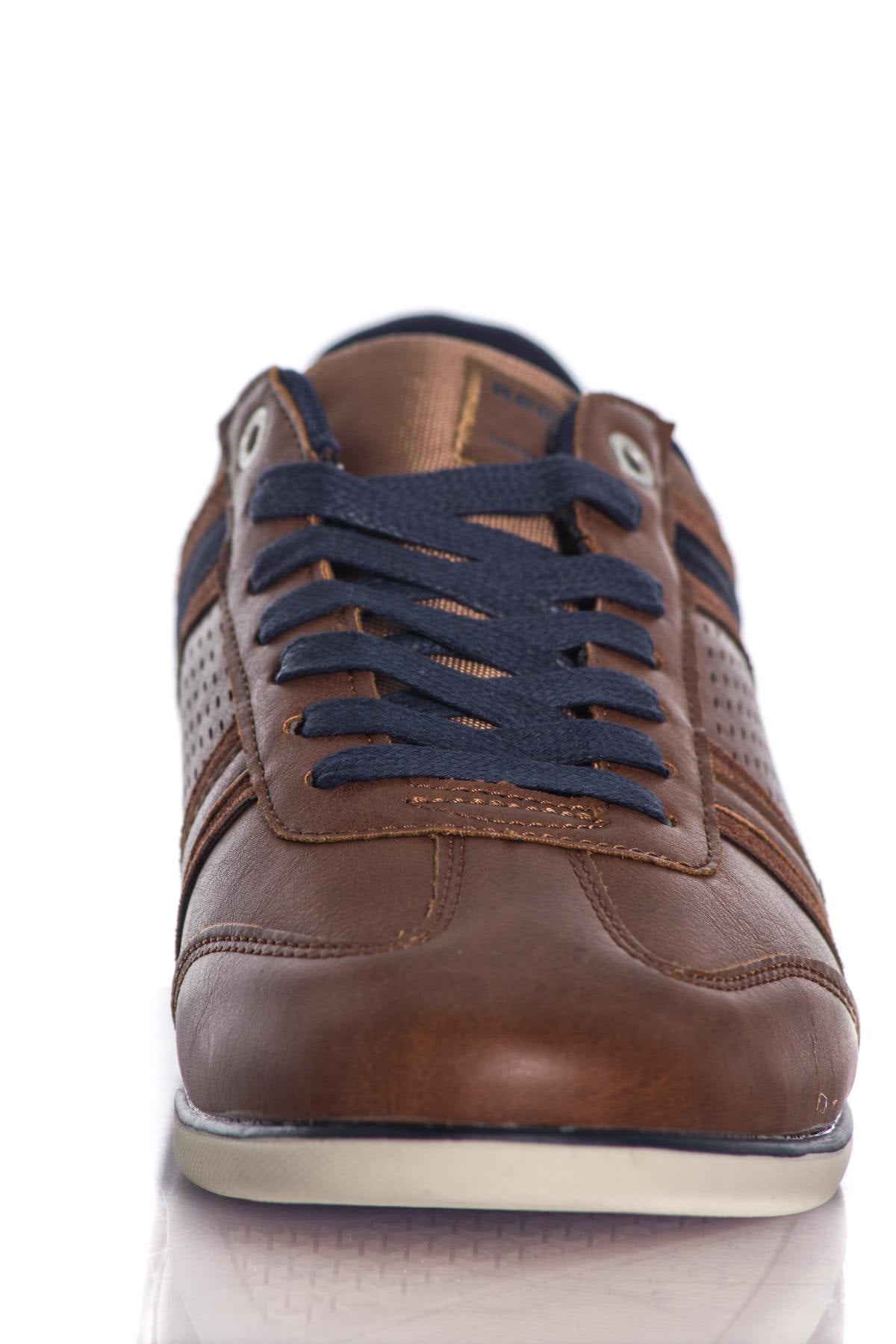 Cognac and navy faux leather sneakers - Image n°5