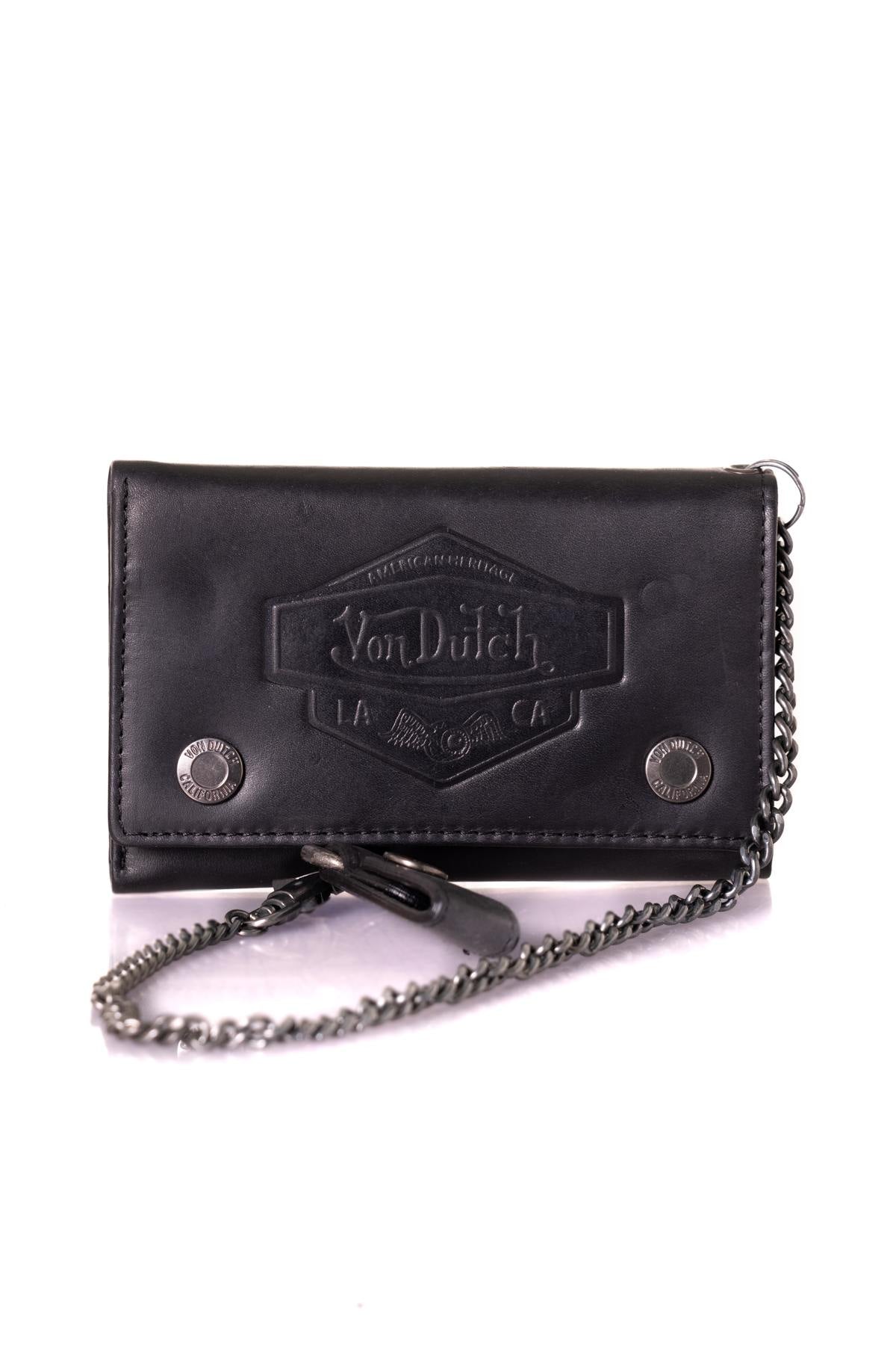 Black cowhide leather wallet with chain - Image n°1