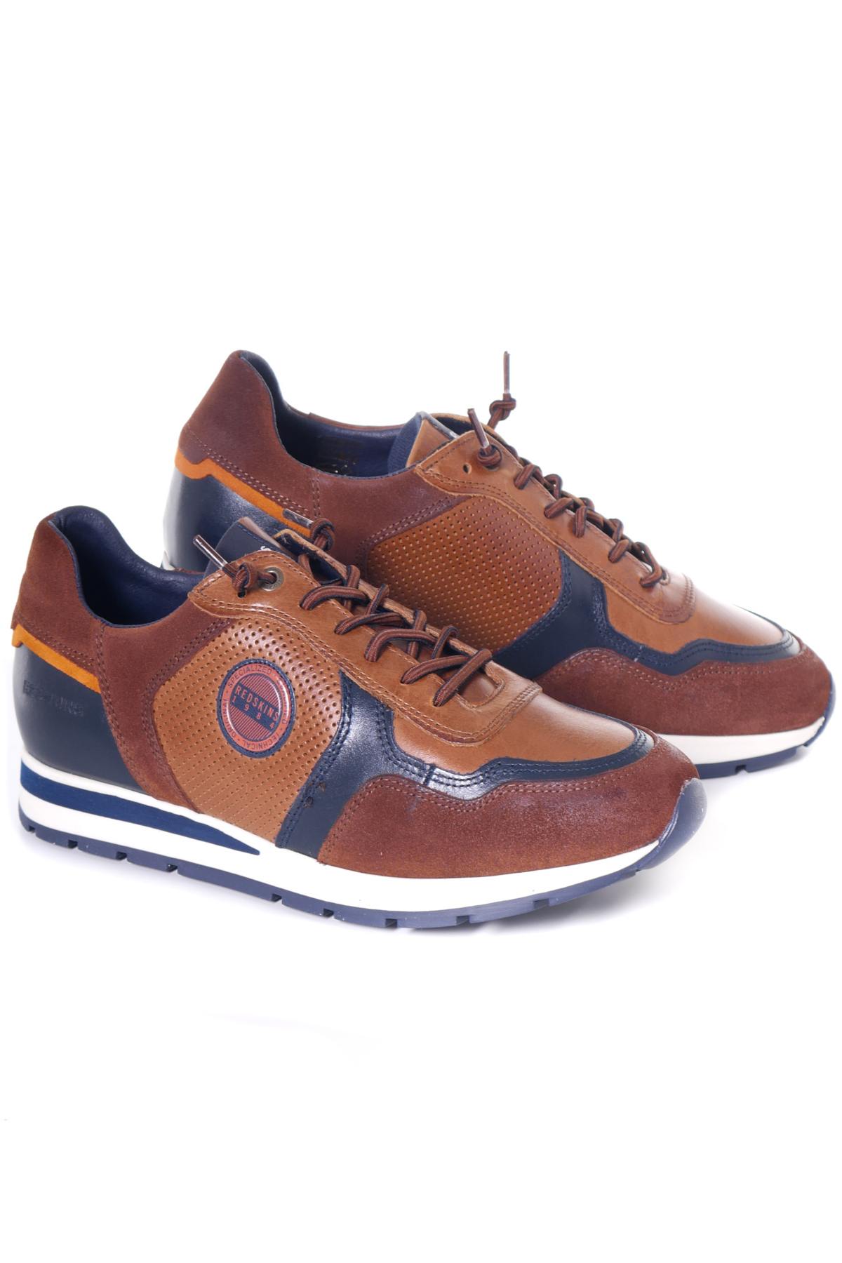 Brown and navy leather sneakers - Image n°1