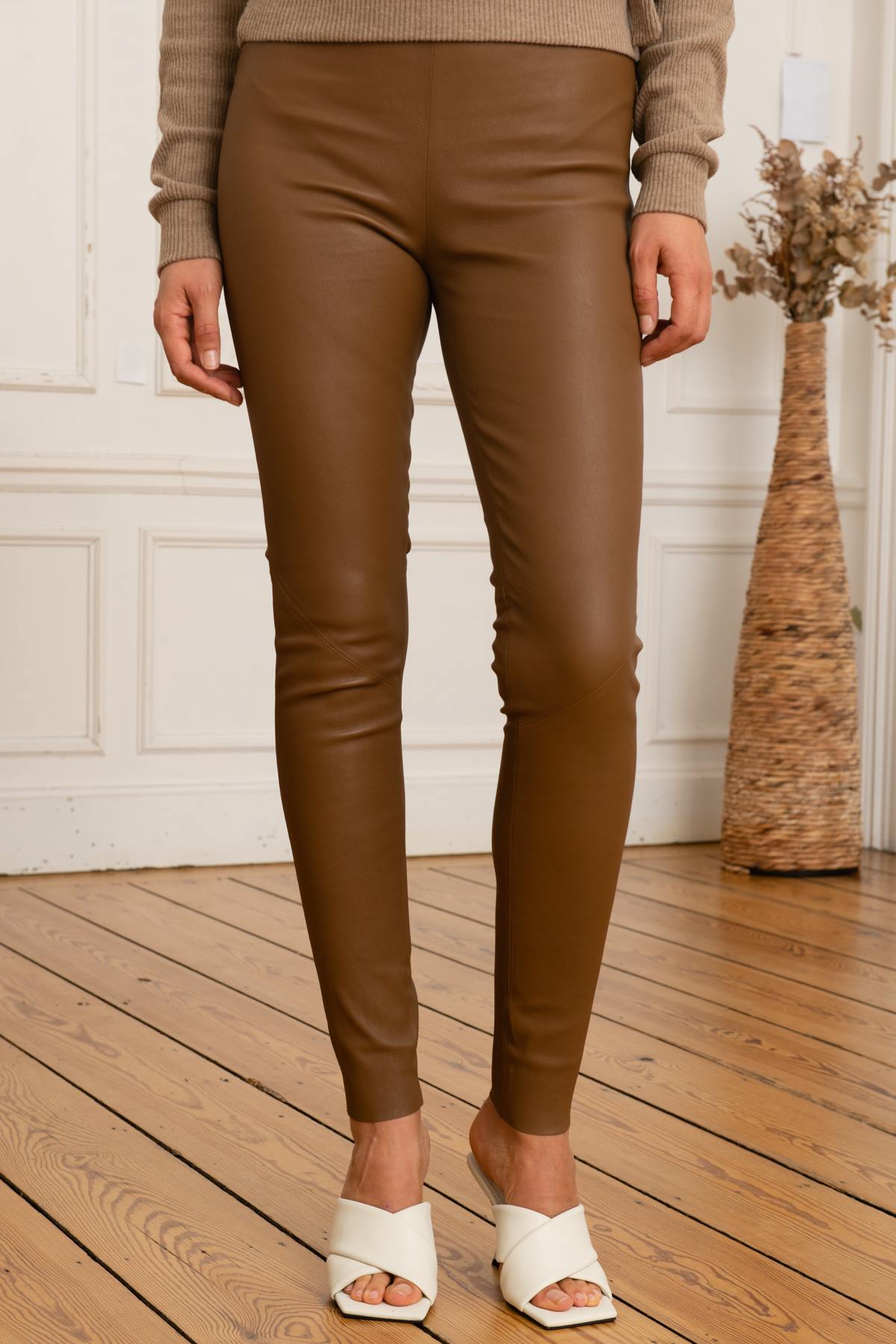 Tan leather legging pants - Image n°1