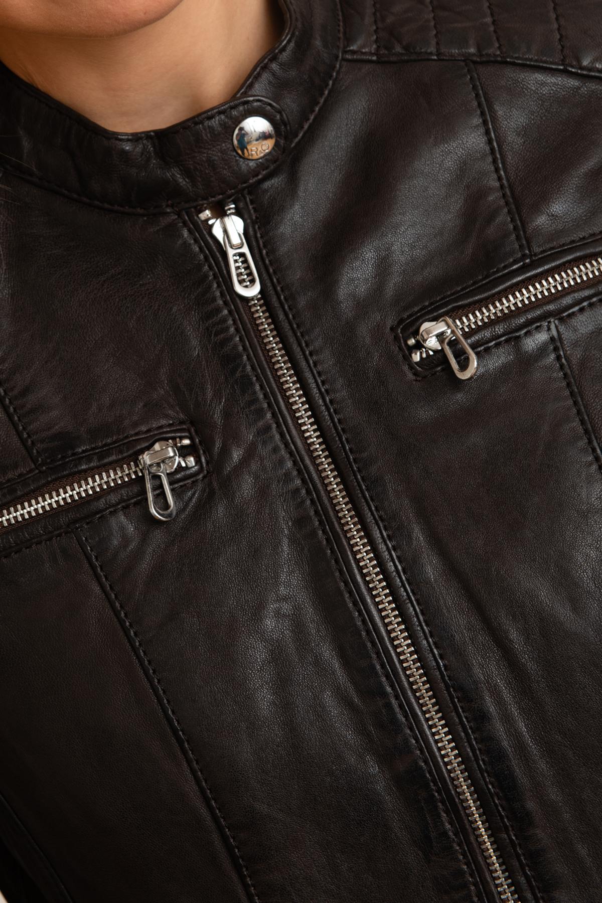 Dark brown round-neck leather jacket - Image n°7