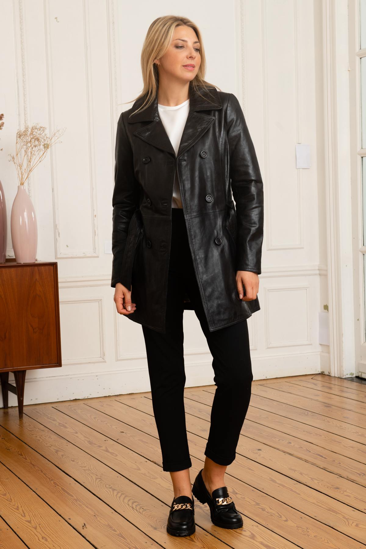 Black leather trench coat with belt - Image n°2