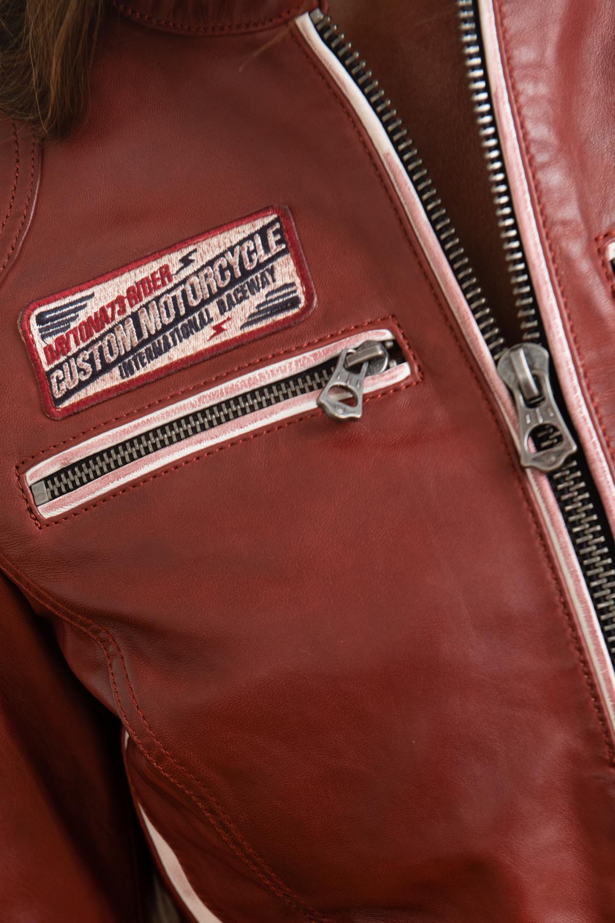 Dark red racer-style leather jacket - Image n°7