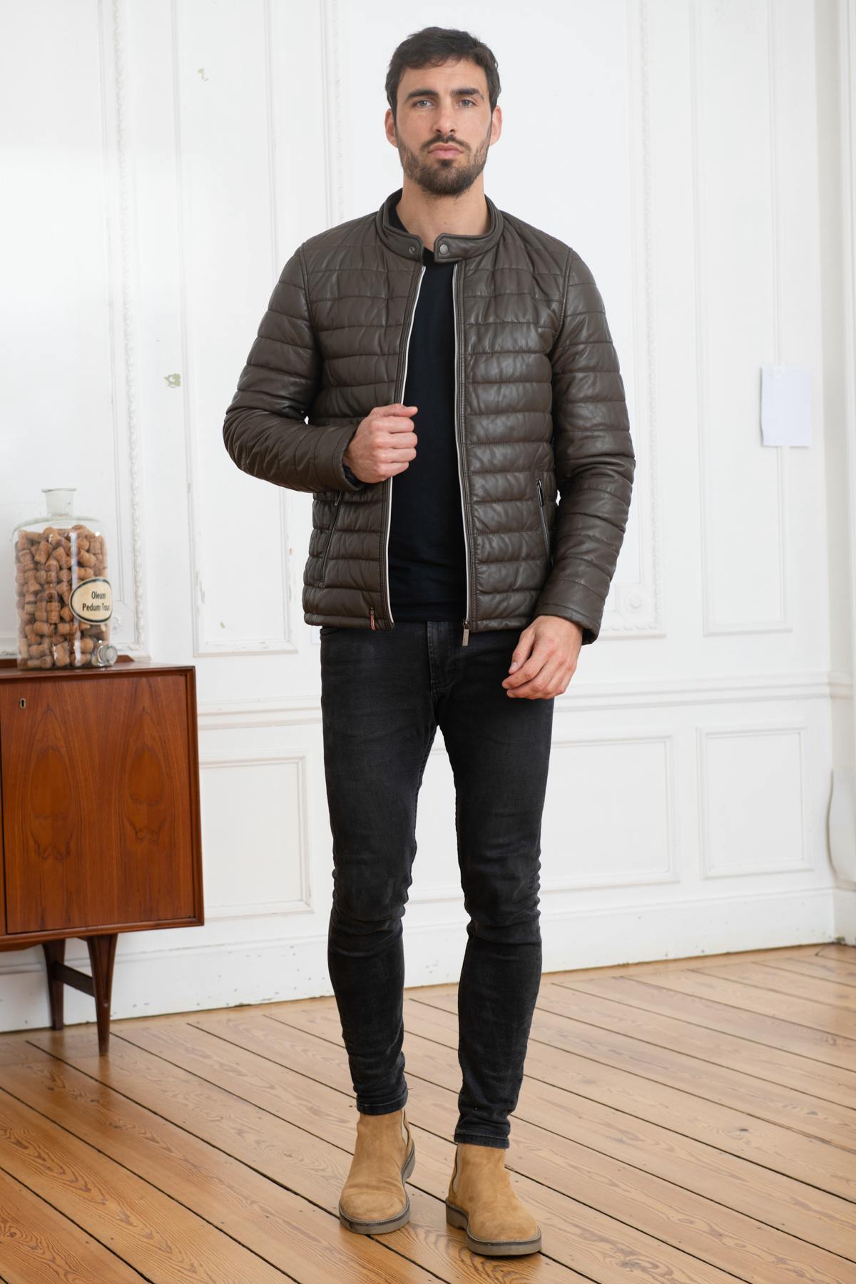 Brown leather down jacket - Image n°2