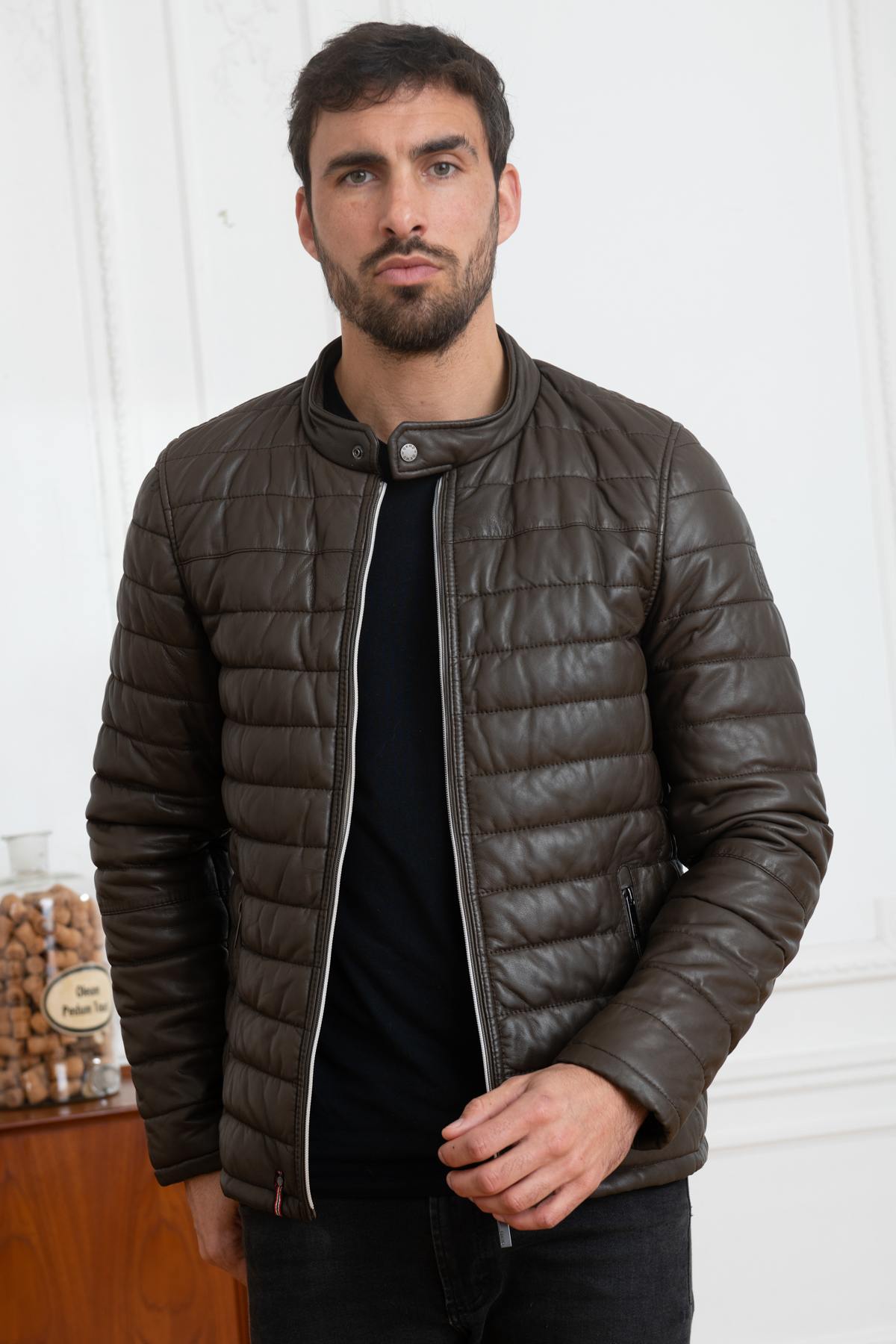 Brown leather down jacket - Image n°1