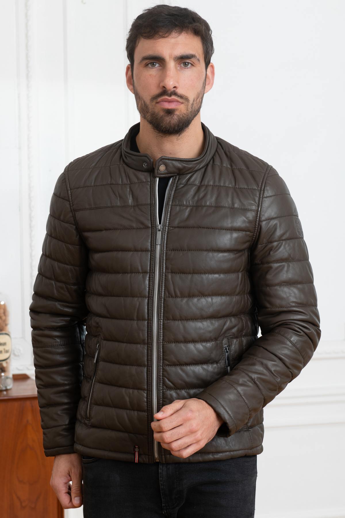 Brown leather down jacket - Image n°4