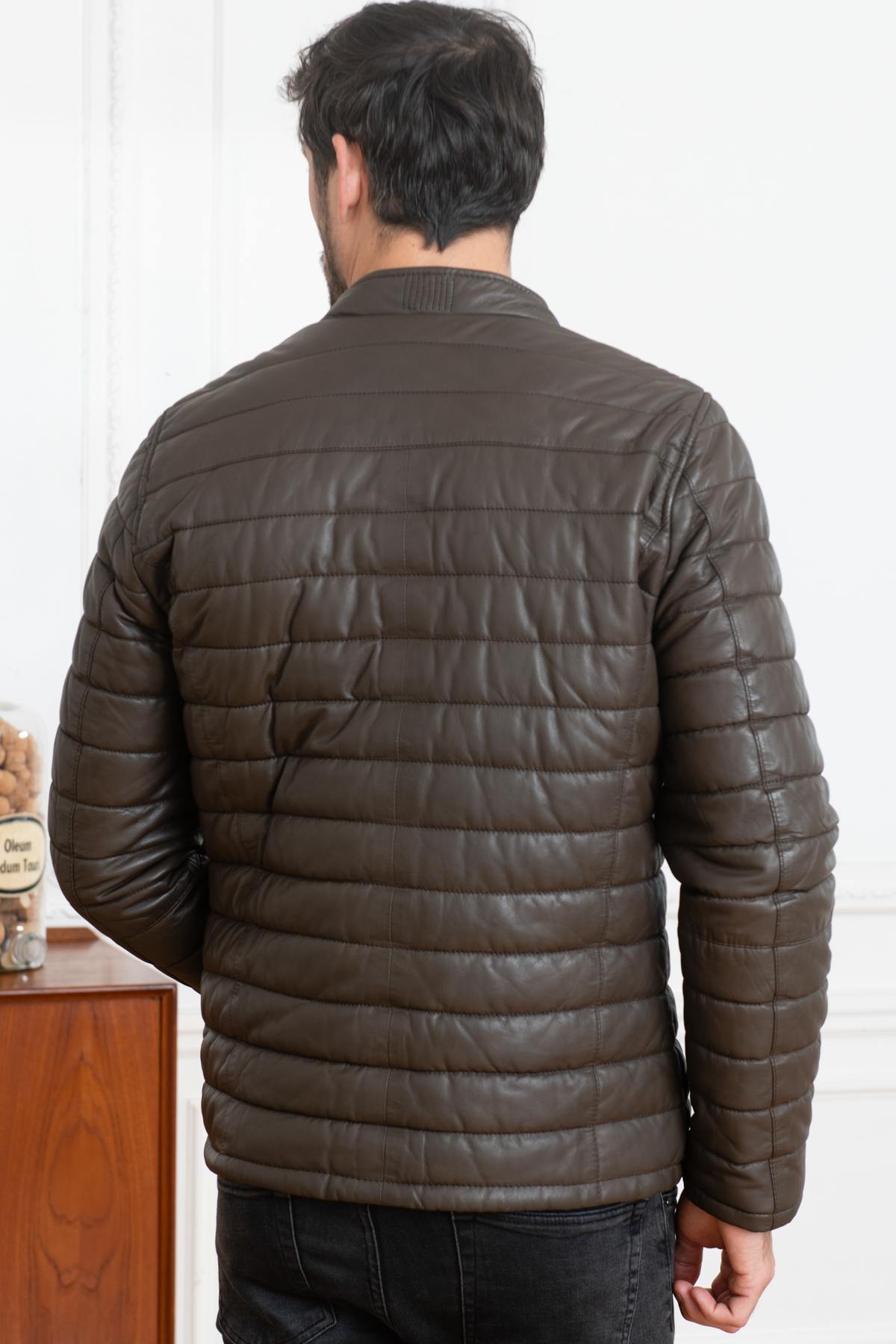 Brown leather down jacket - Image n°5