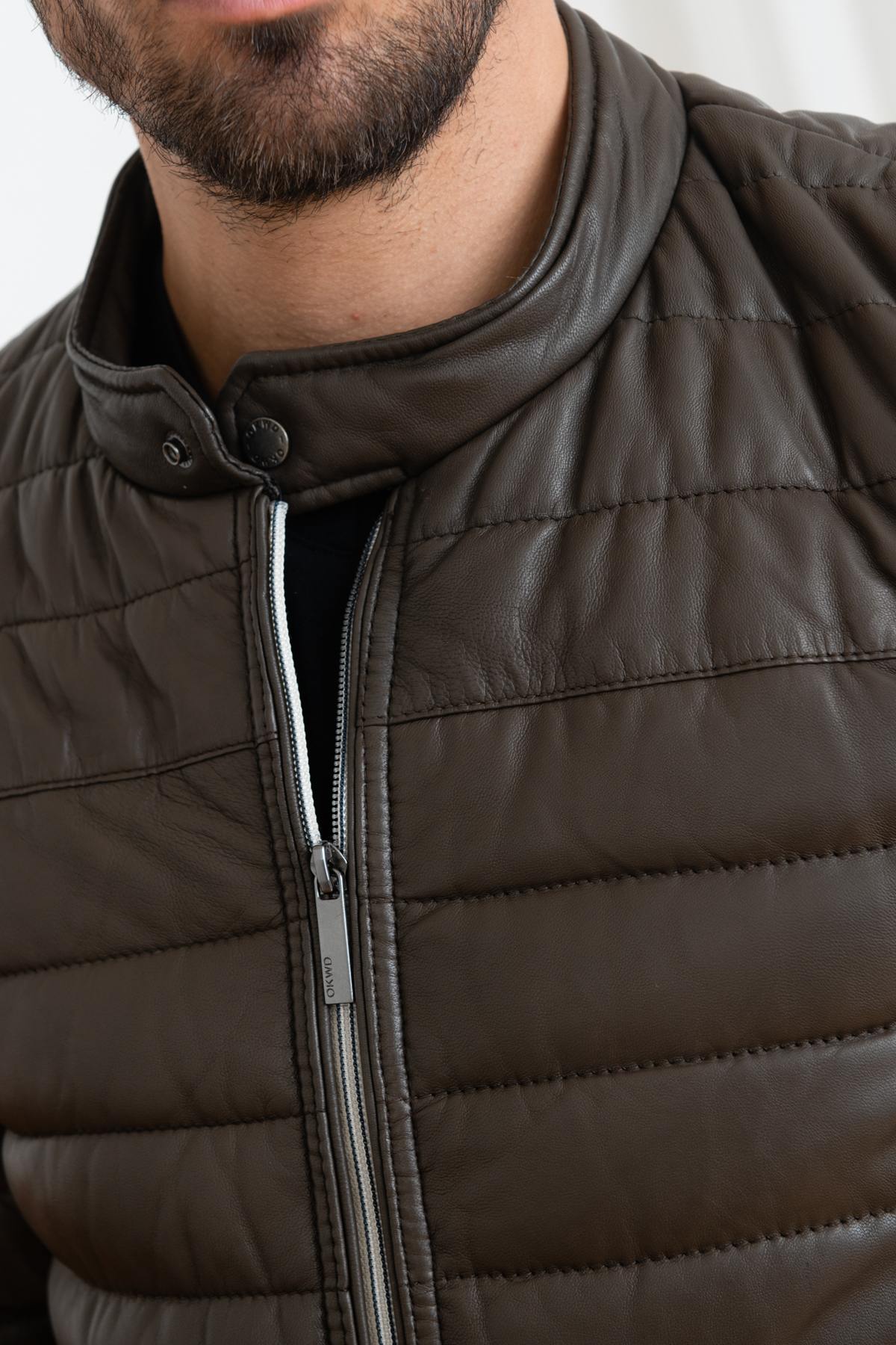 Brown leather down jacket - Image n°7