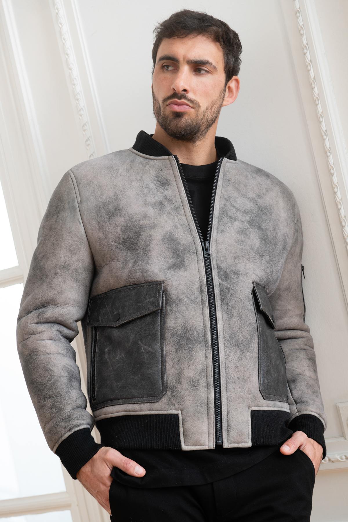 Gray shearling leather bomber jacket - Image n°3