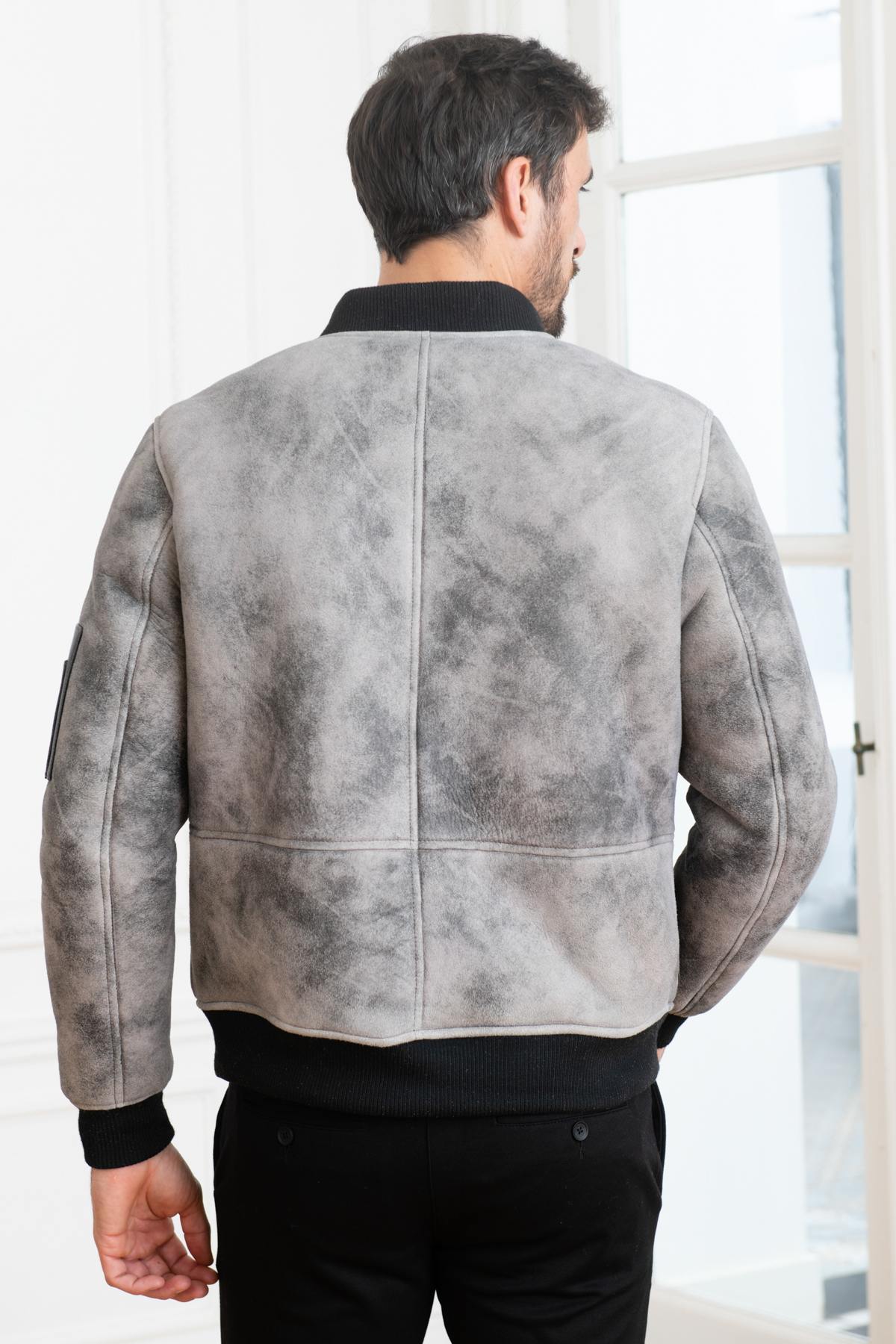 Gray shearling leather bomber jacket - Image n°4