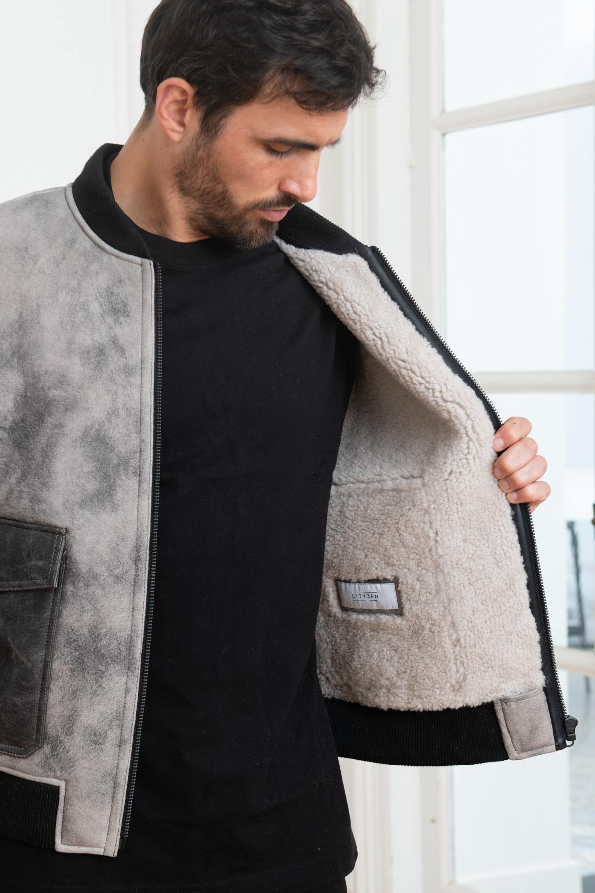 Gray shearling leather bomber jacket - Image n°5