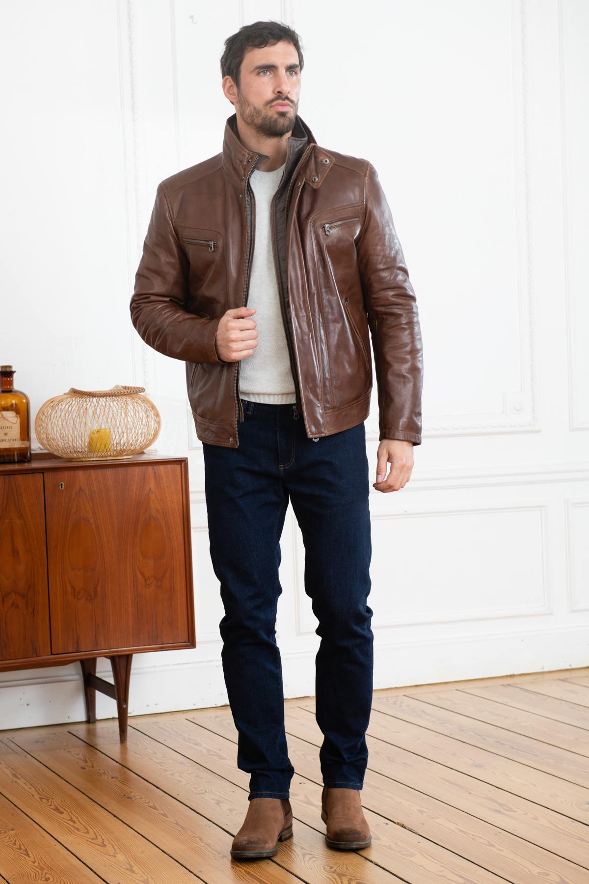 Brown leather jacket with facing - Image n°2