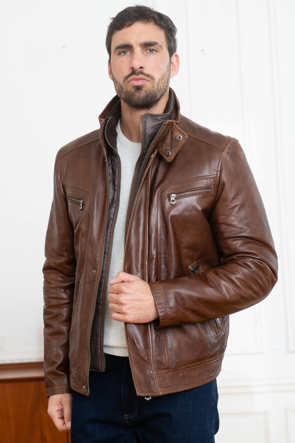 Brown leather jacket with facing - Image n°1