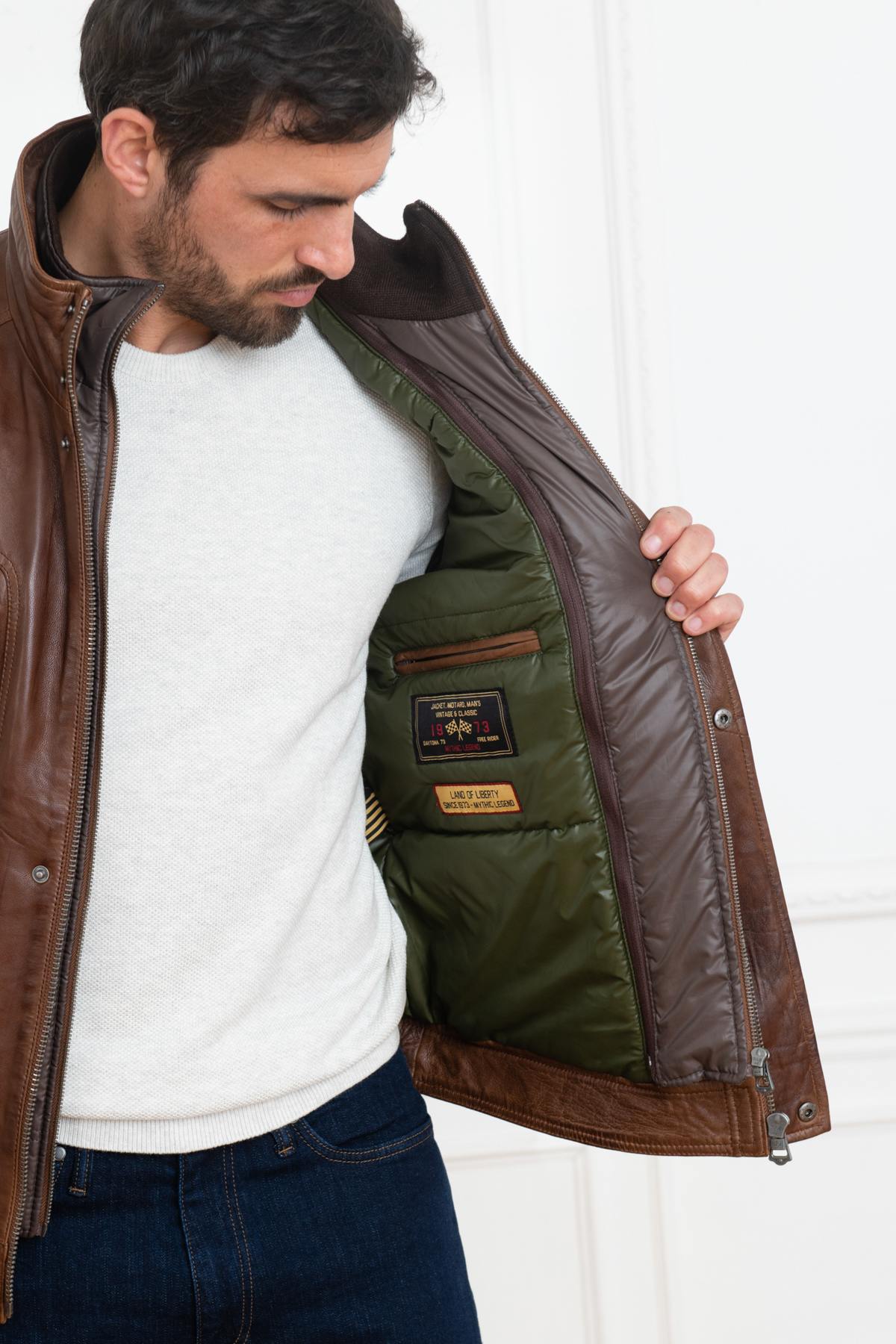 Brown leather jacket with facing - Image n°6