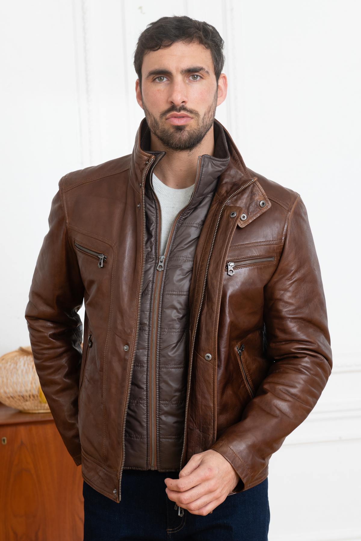 Brown leather jacket with facing - Image n°3