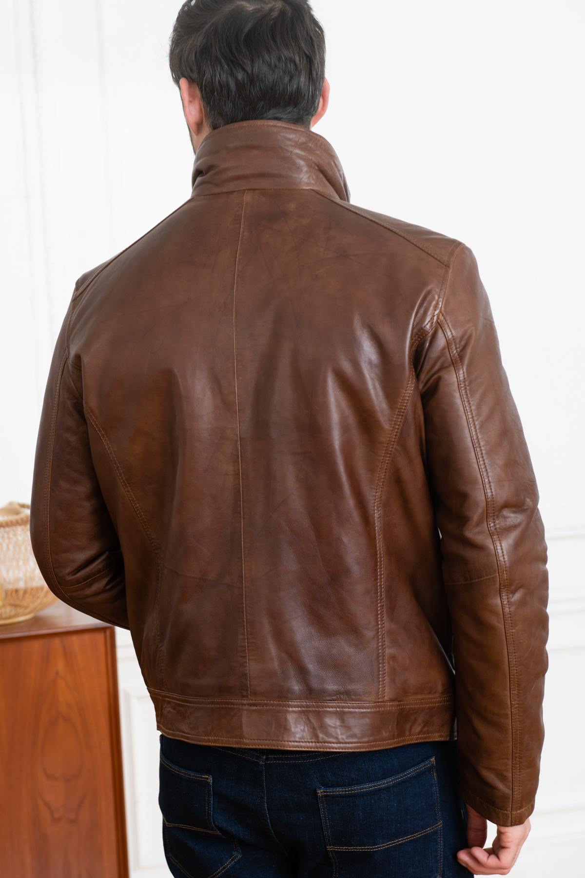 Brown leather jacket with facing - Image n°5