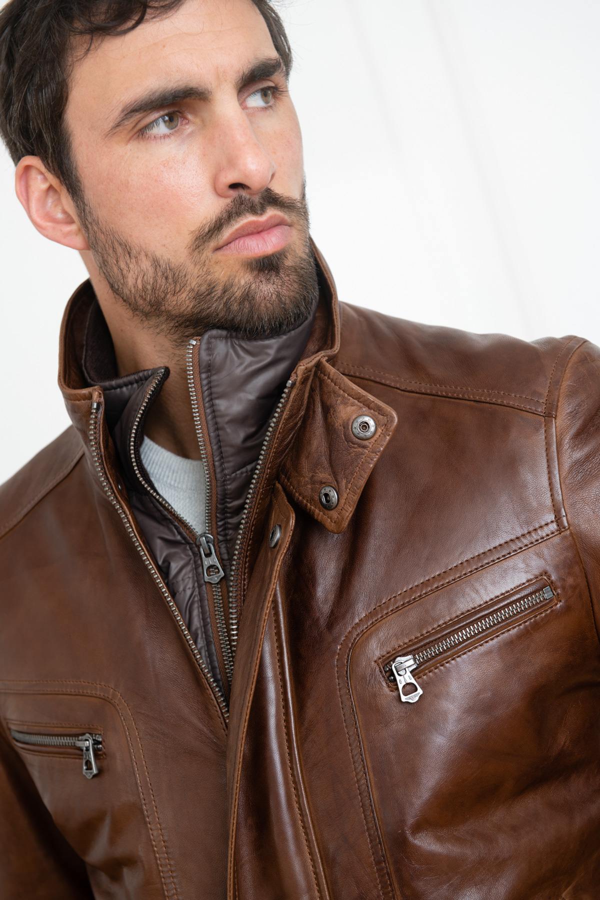 Brown leather jacket with facing - Image n°7