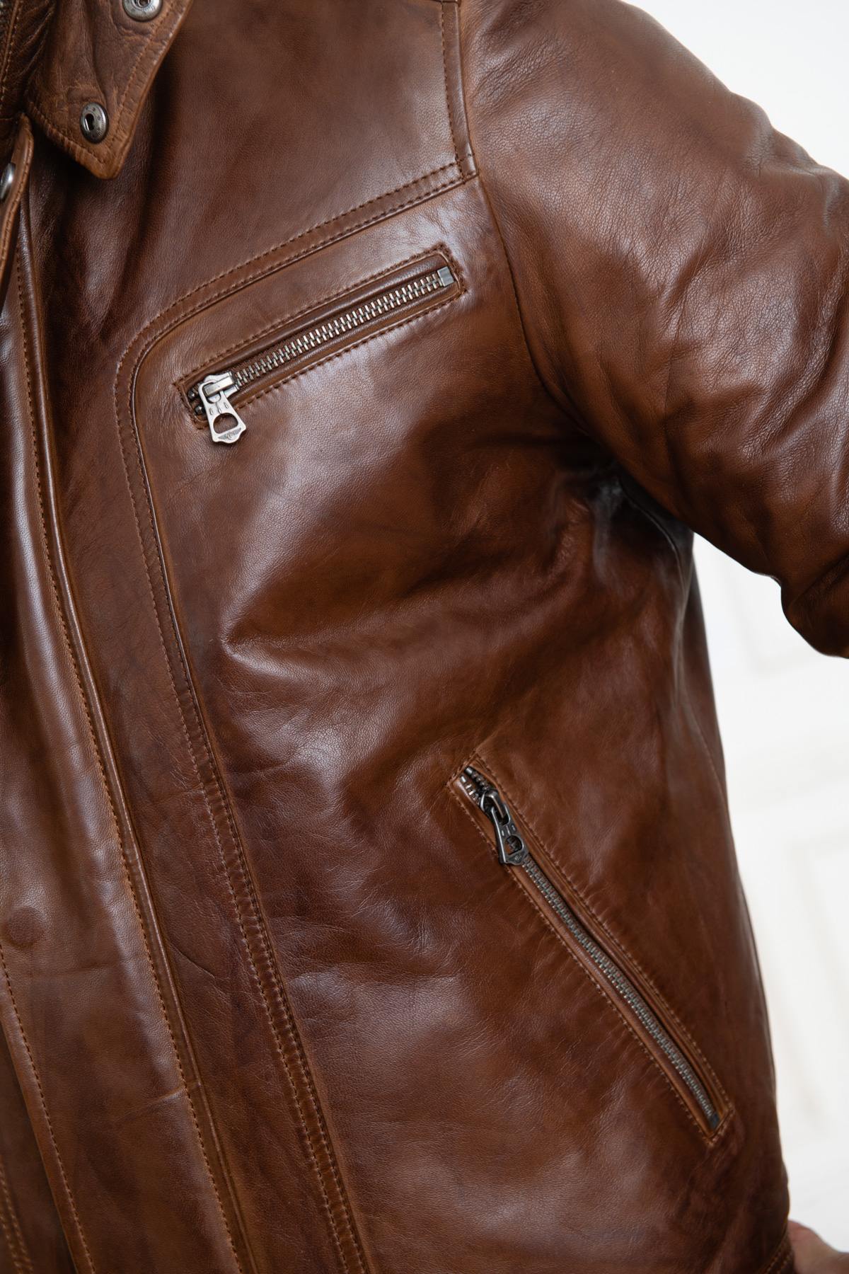 Brown leather jacket with facing - Image n°8