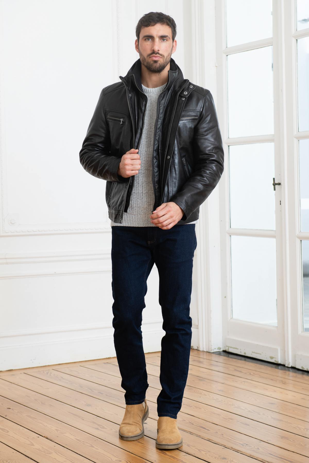 Black sheepskin leather jacket with removable bib - Image n°2