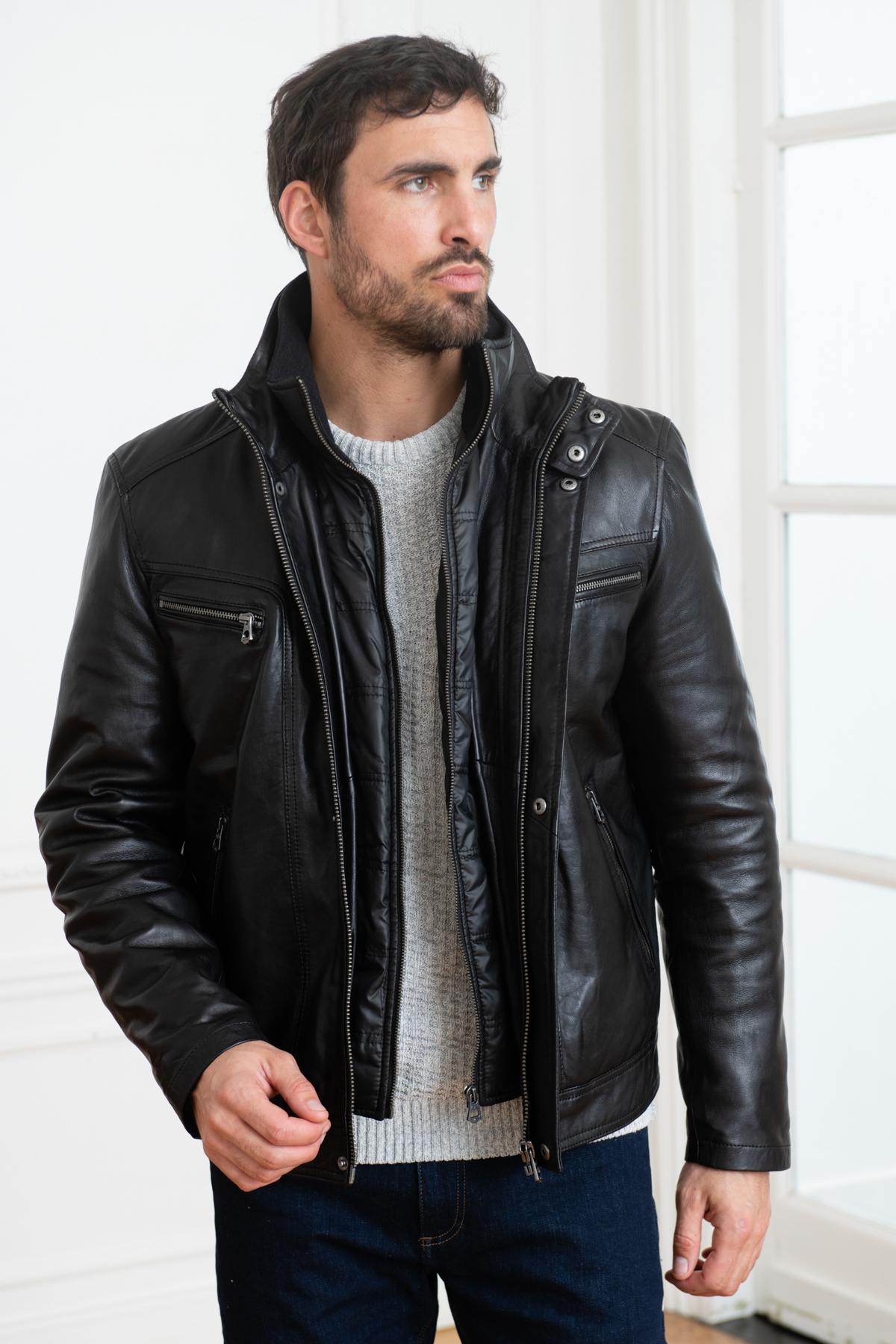 Black sheepskin leather jacket with removable bib - Image n°1