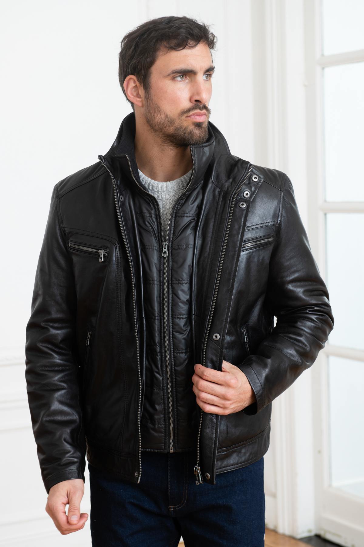 Black sheepskin leather jacket with removable bib - Image n°4