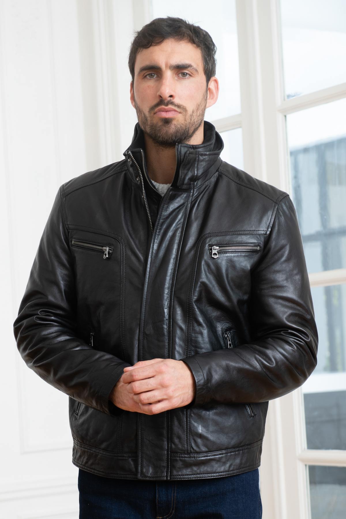 Black sheepskin leather jacket with removable bib - Image n°5