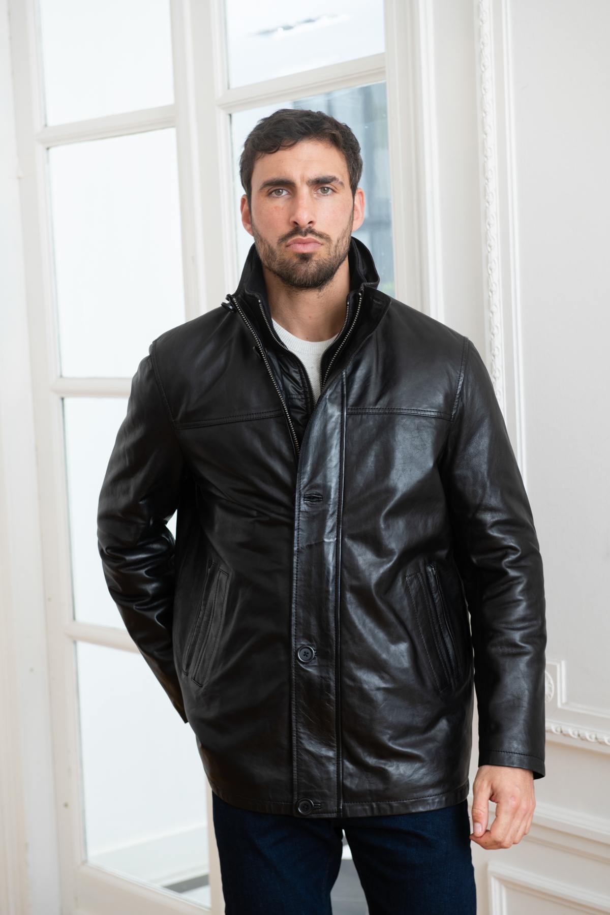 Black leather jacket with quilted lining - Image n°4