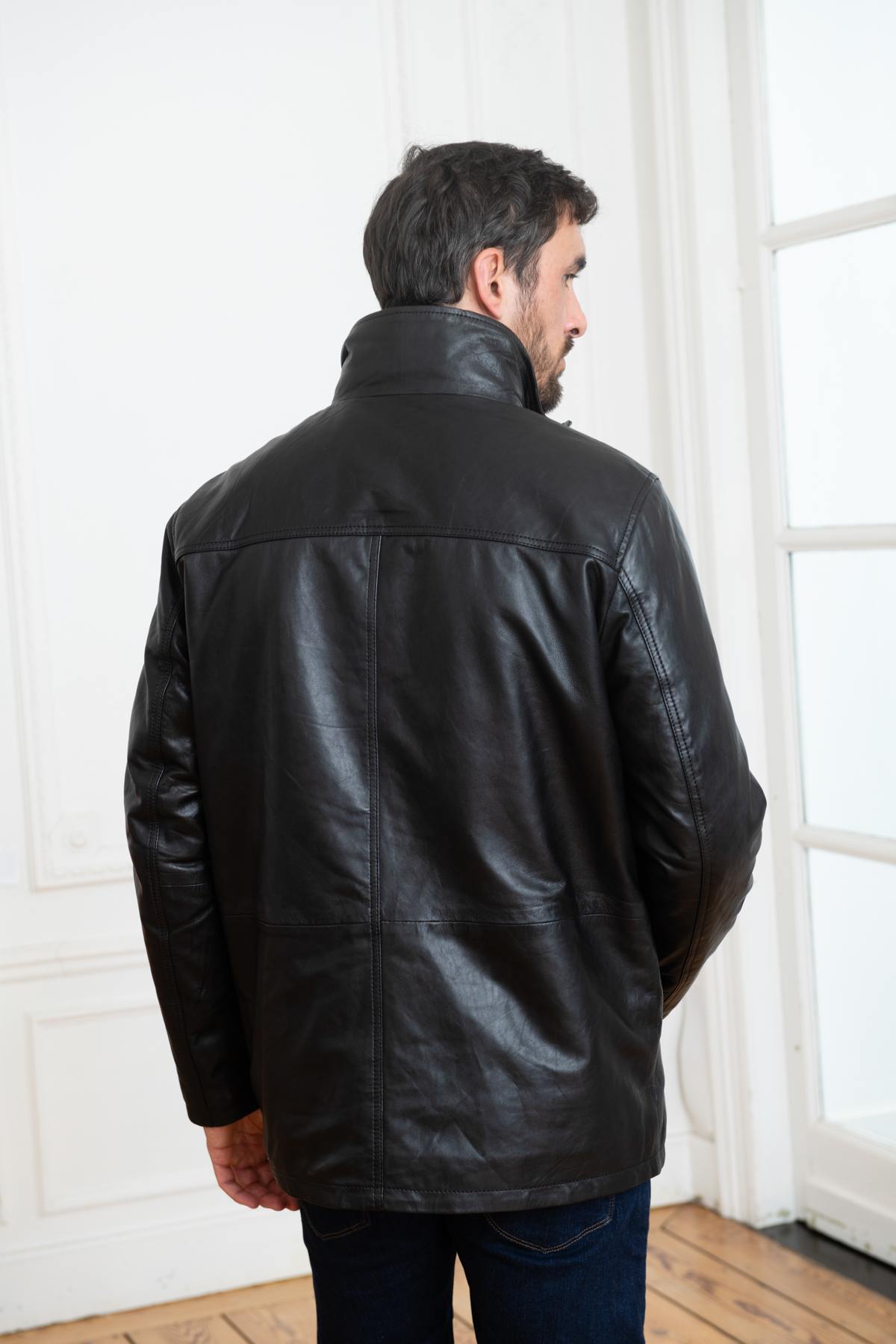 Black leather jacket with quilted lining - Image n°6