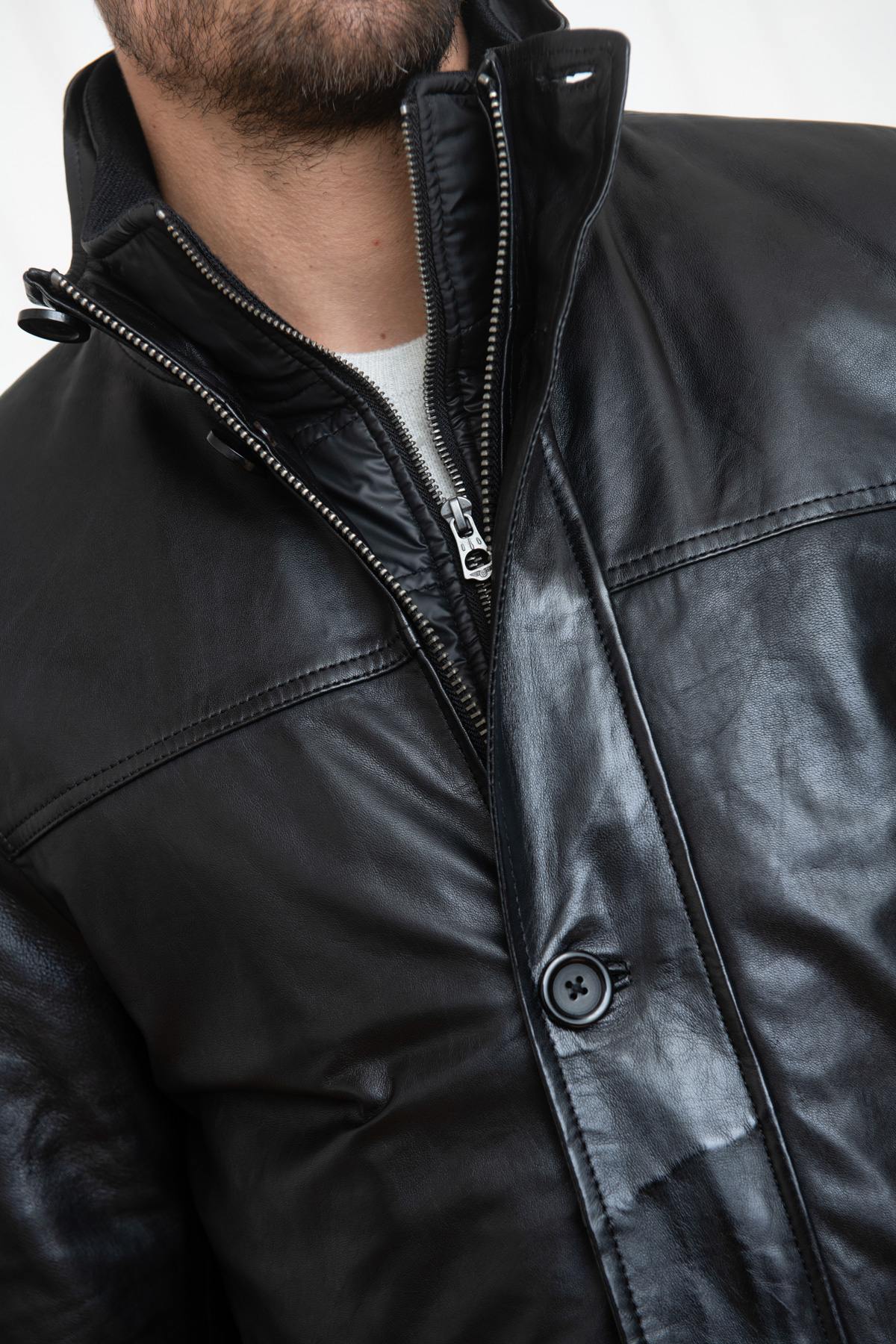 Black leather jacket with quilted lining - Image n°7