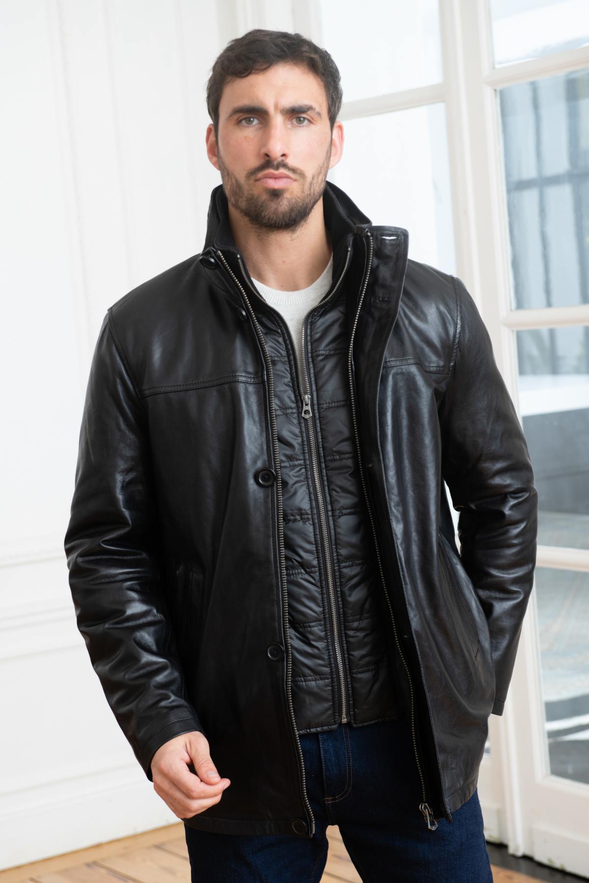 Black leather jacket with quilted lining - Image n°3