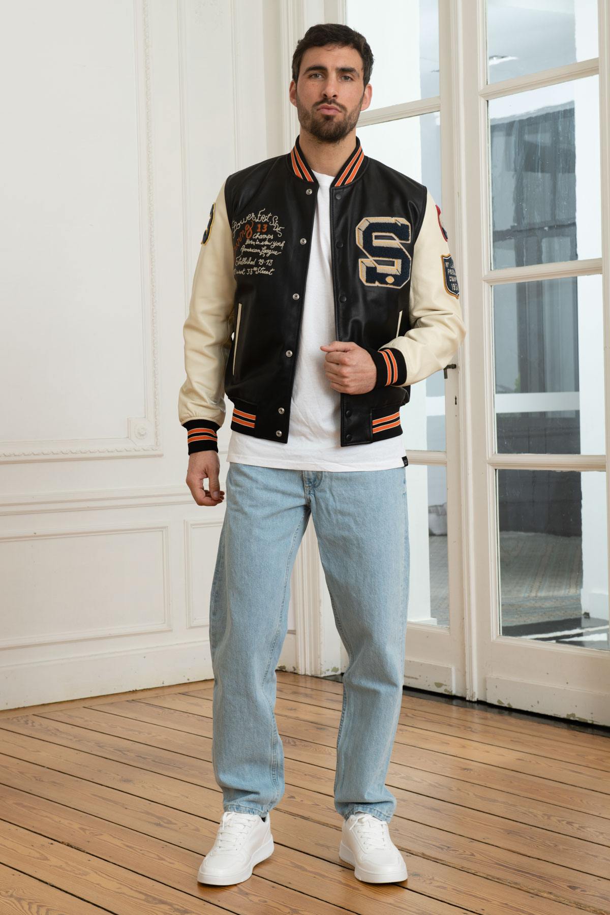 Black and ecru American varsity jacket - Image n°2