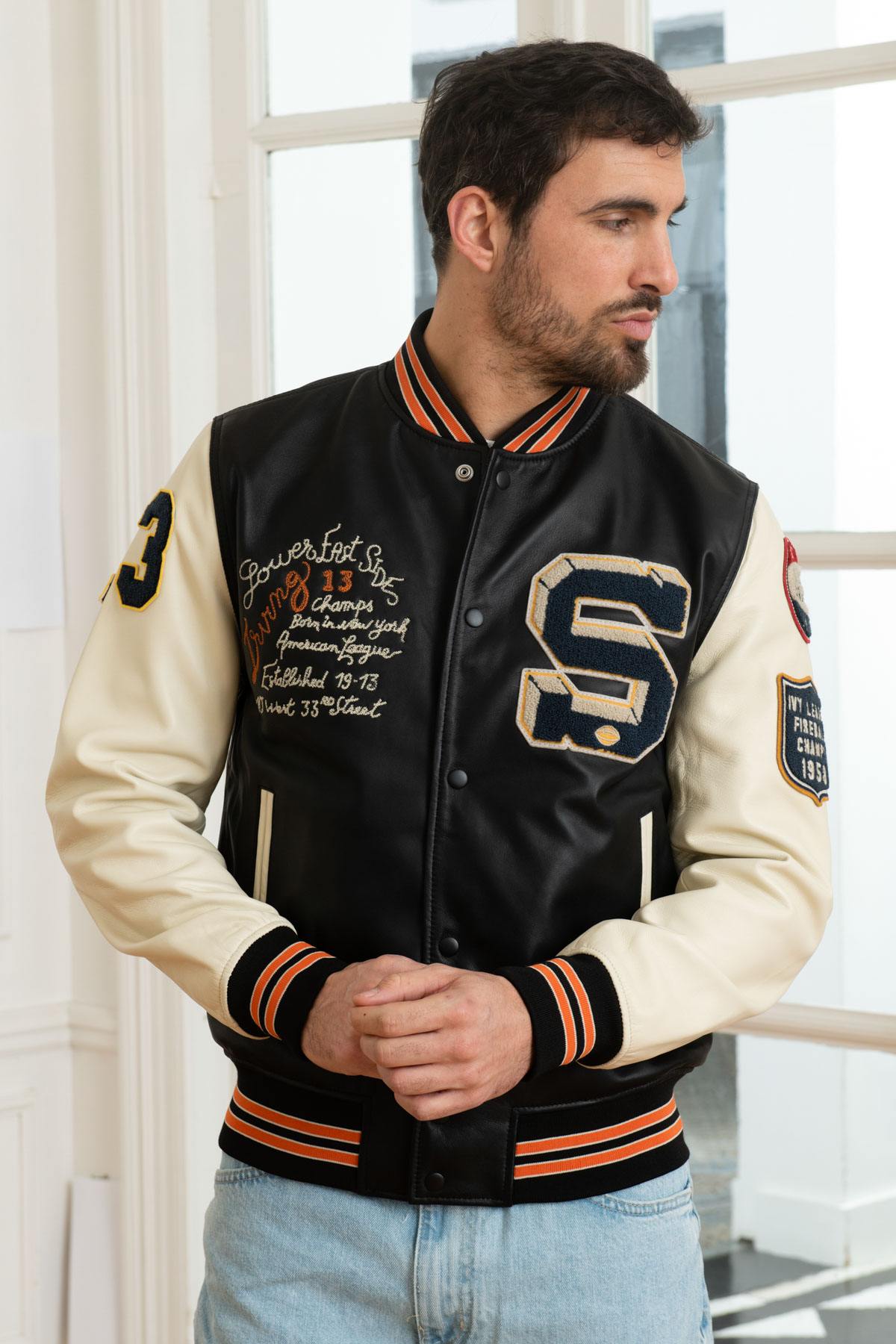 Black and ecru American varsity jacket - Image n°1