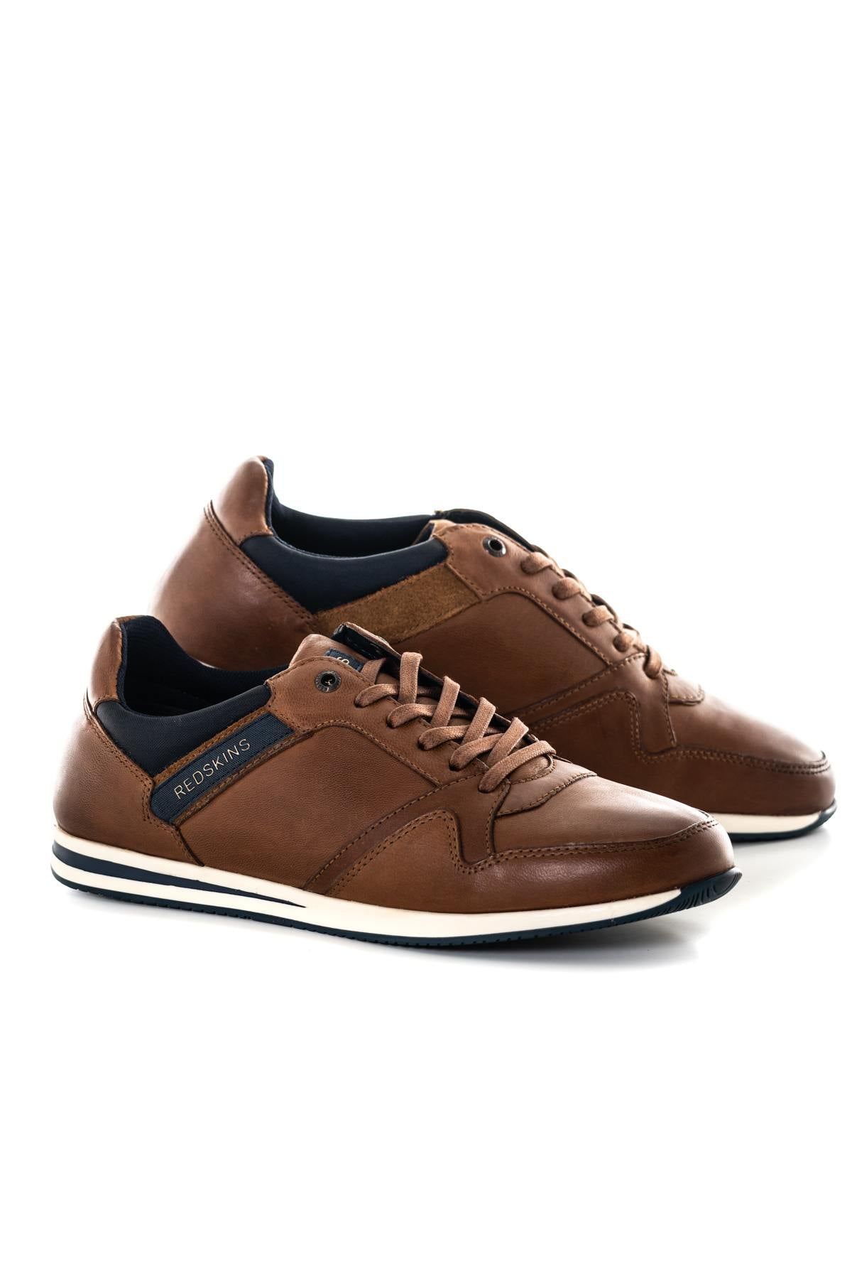 Navy cognac leather sneakers - Image n°1