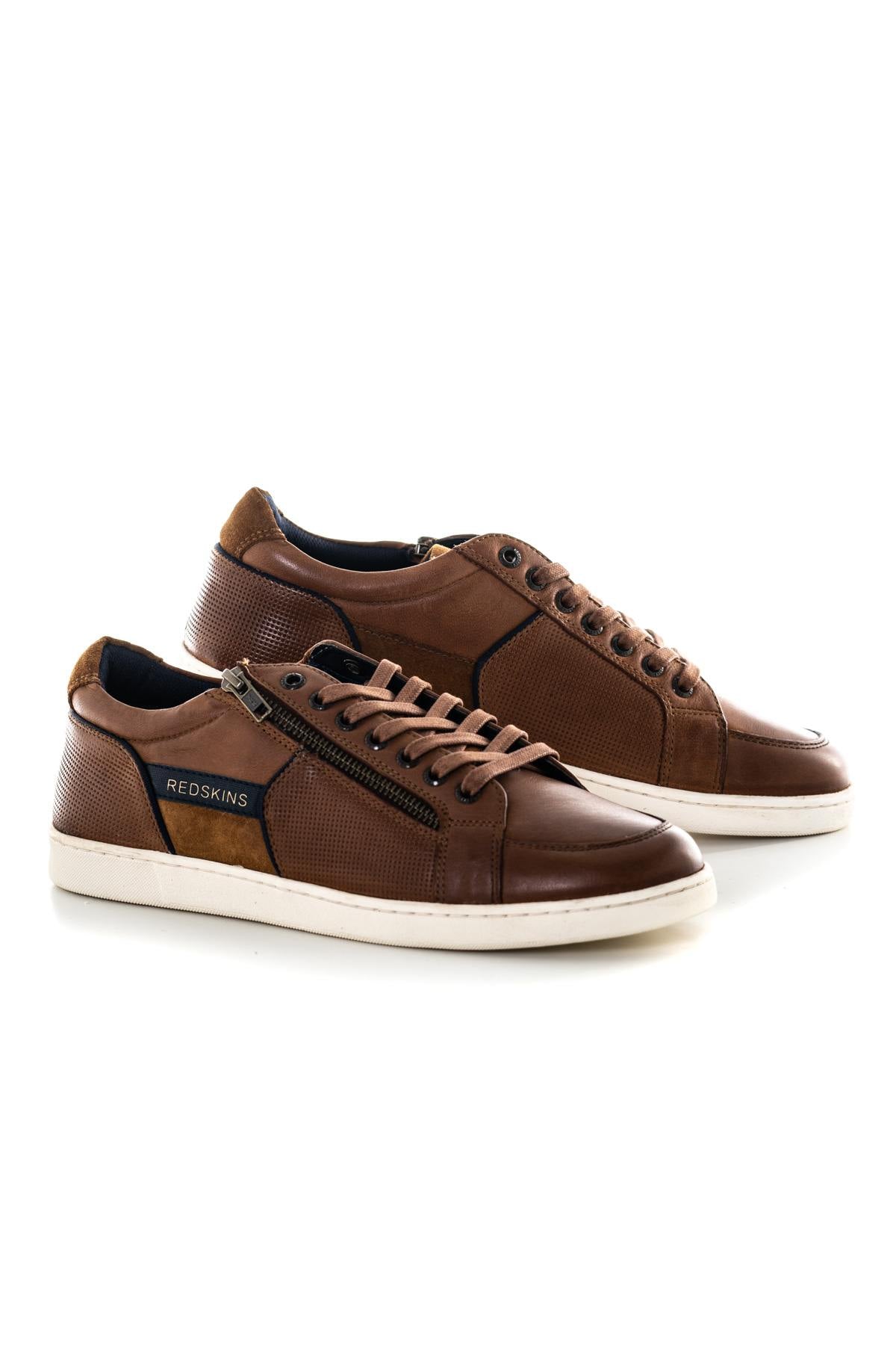 Navy cognac leather sneakers - Image n°1