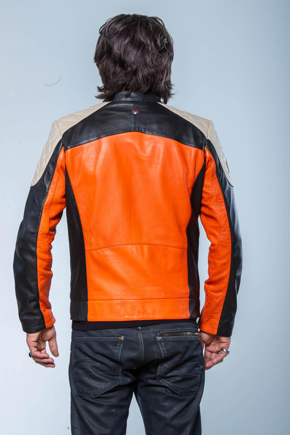 Orange, black and ecru racing leather jacket - Image n°4