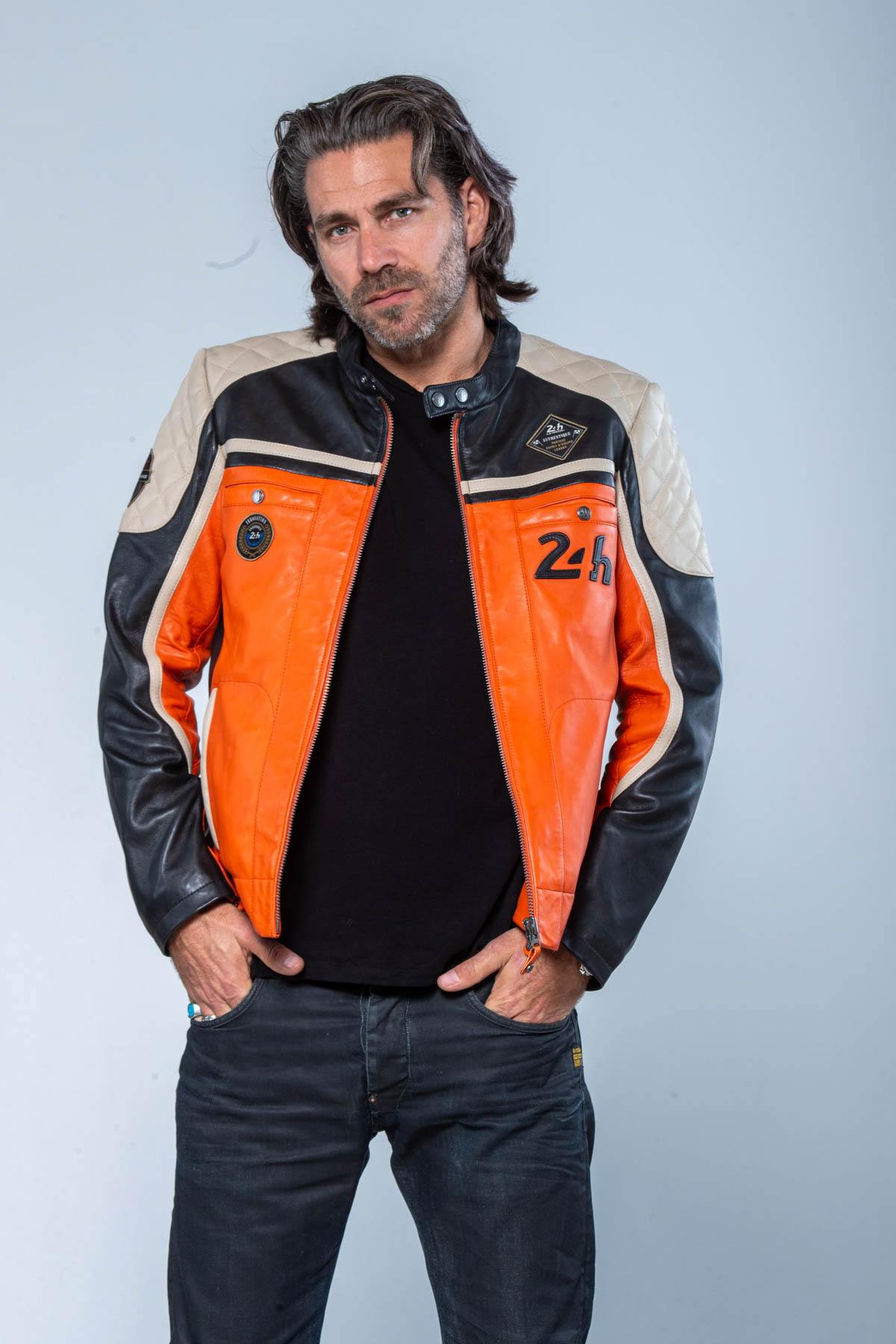 Orange, black and ecru racing leather jacket - Image n°6