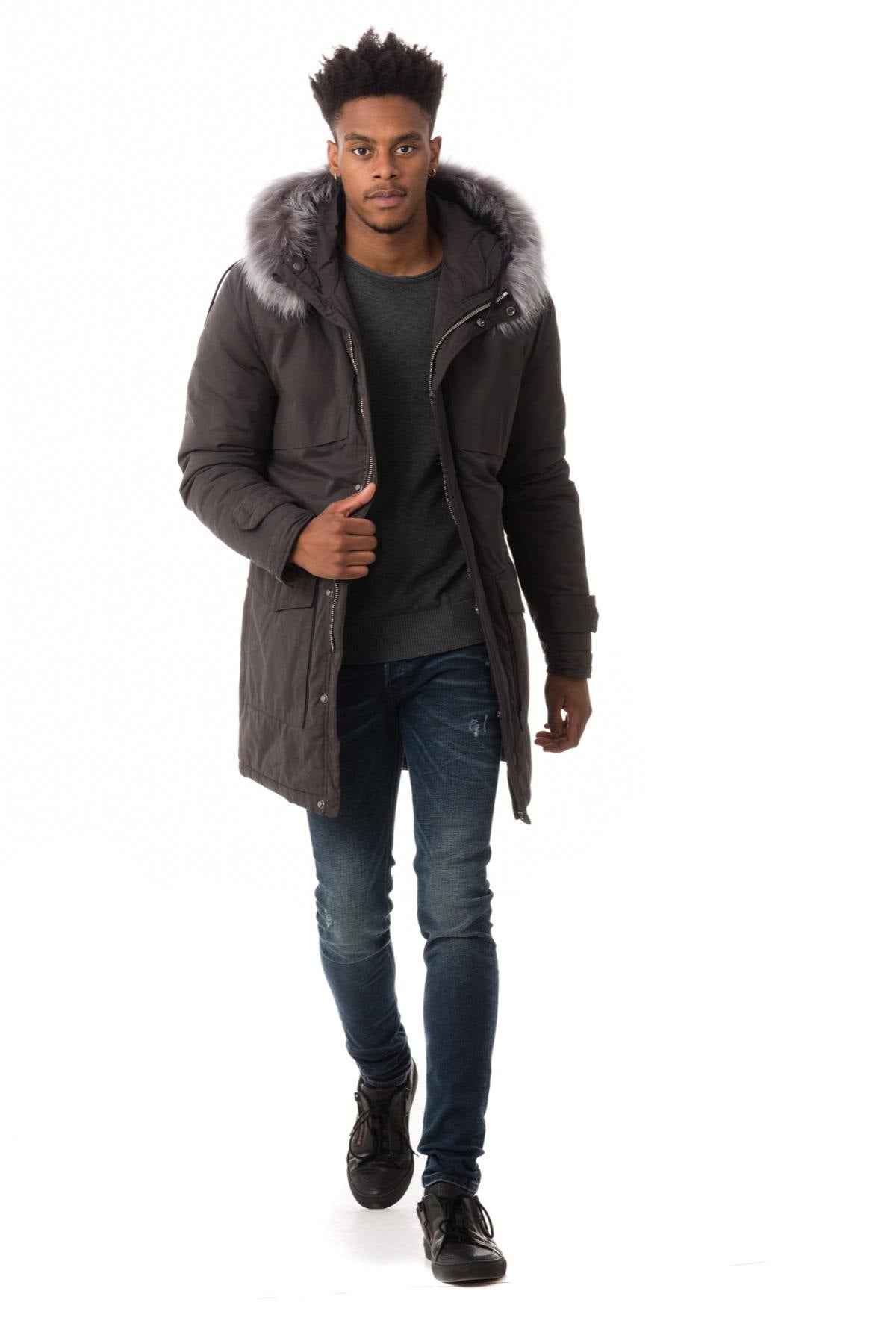 Men's gray parka with raccoon fur - Image n°2