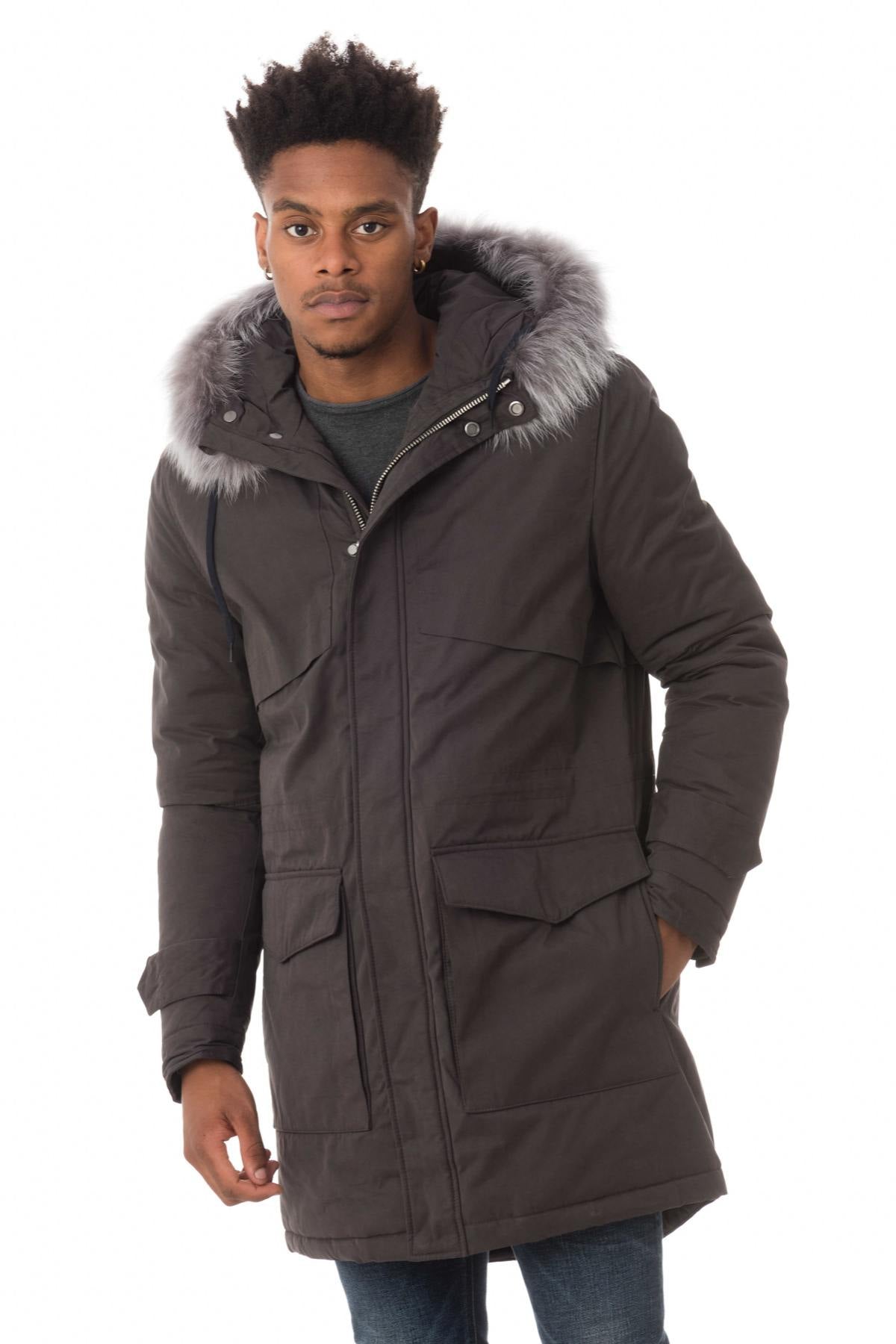 Men's gray parka with raccoon fur - Image n°1