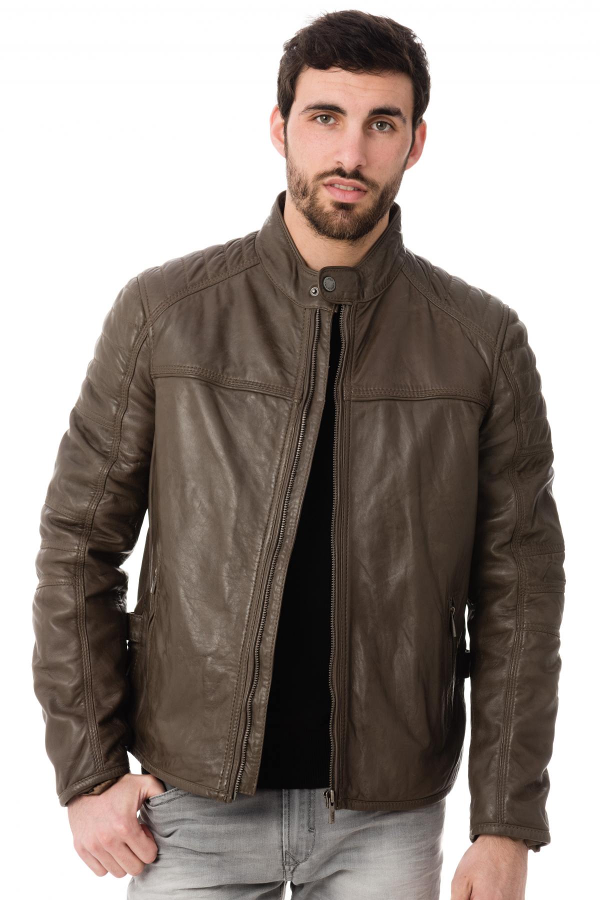 Men's Arma Khaki leather jacket with officer collar - Image n°3