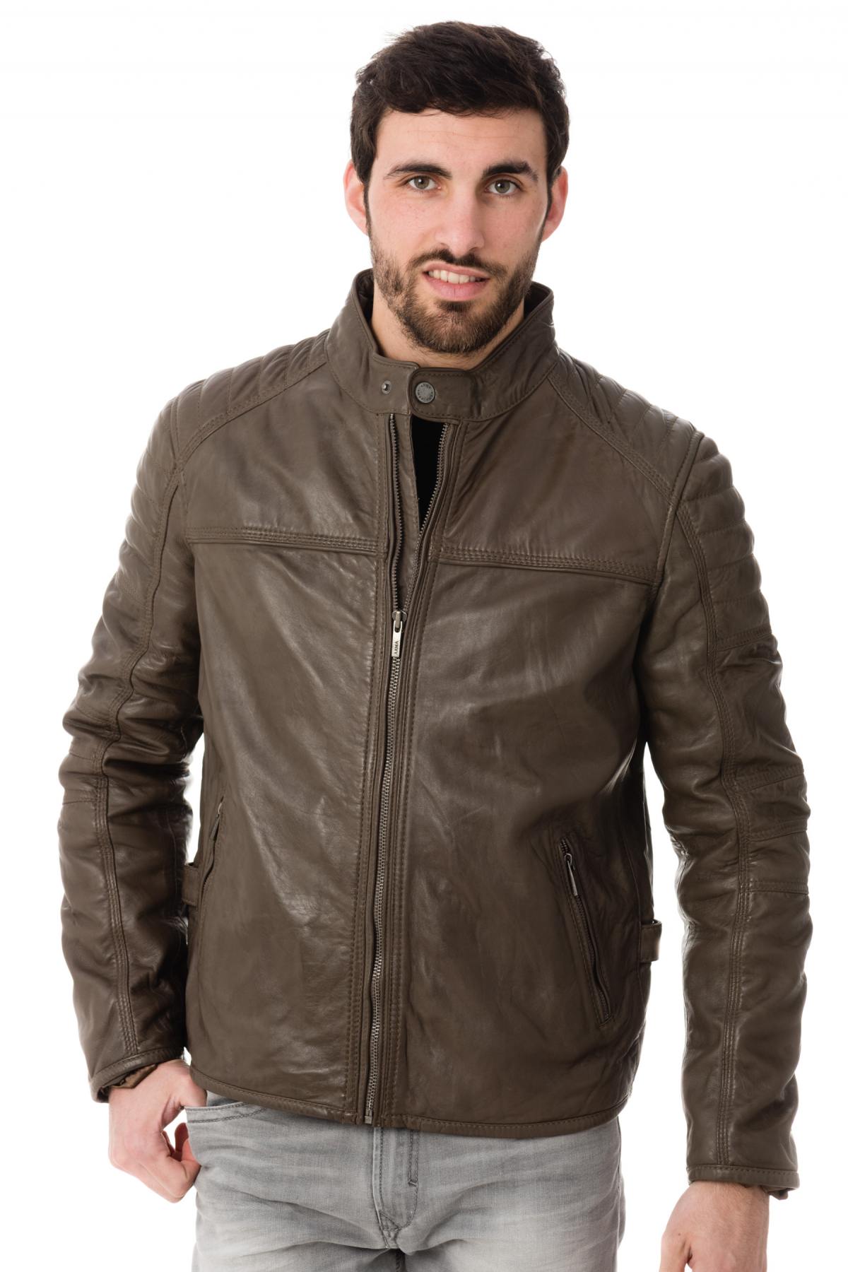 Men's Arma Khaki leather jacket with officer collar - Image n°1