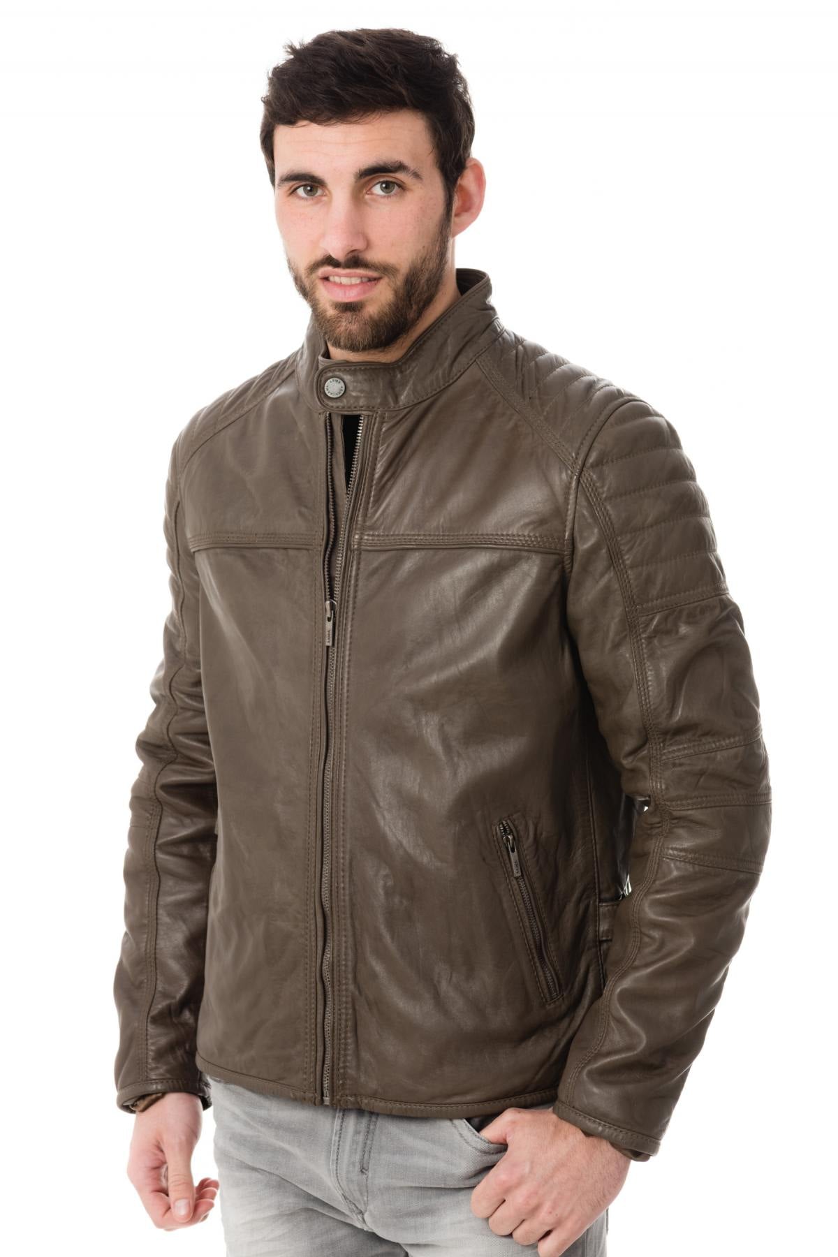 Men's Arma Khaki leather jacket with officer collar - Image n°4