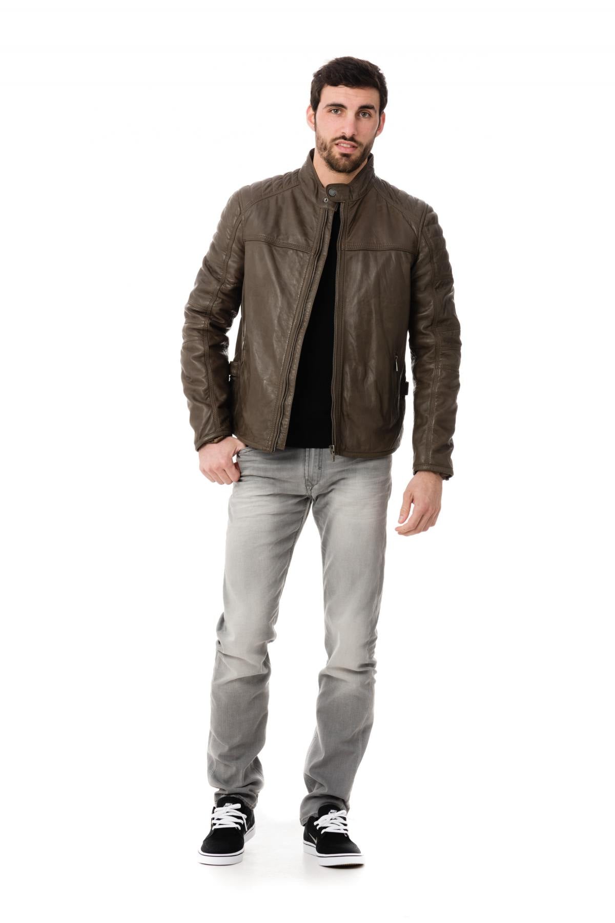 Men's Arma Khaki leather jacket with officer collar - Image n°2