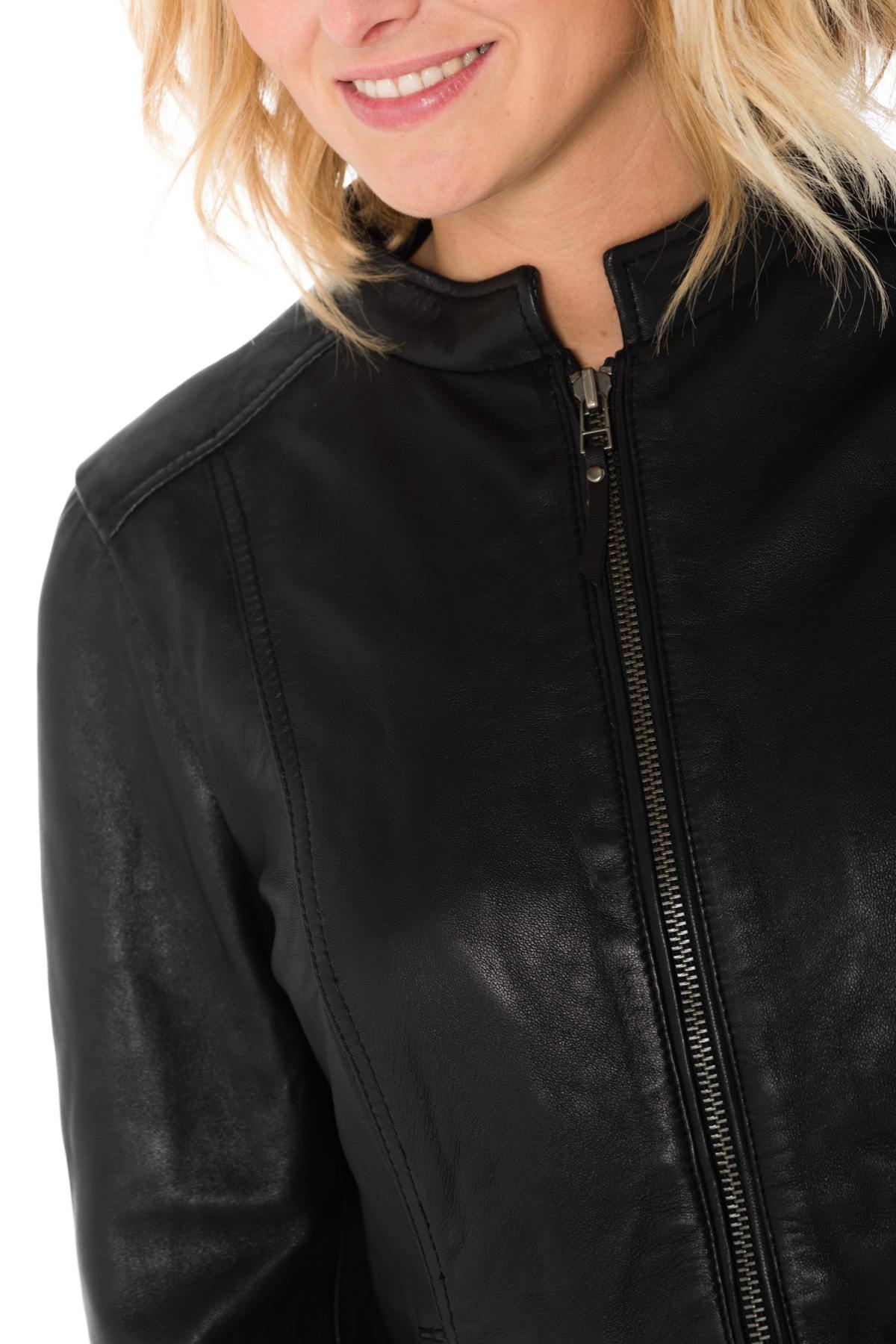 Women's black leather jacket with mao collar - Image n°6